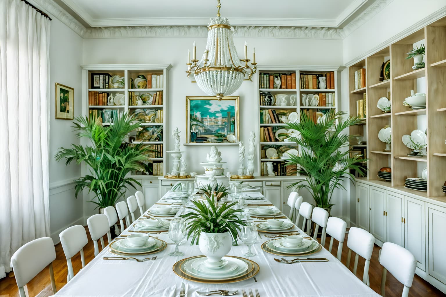 vaporwave-style (dining room interior) with bookshelves and table cloth and plates, cutlery and glasses on dining table and dining table and painting or photo on wall and vase and dining table chairs and plant. . with washed out colors and palm trees and white roman statues, white roman sculptures, white roman columns, white roman pillars in the center of the room, and teal colors and palm trees and neon glow and white square bathroom tiles and neon glow. . cinematic photo, highly detailed, cinematic lighting, ultra-detailed, ultrarealistic, photorealism, 8k. vaporwave interior design style. masterpiece, cinematic light, ultrarealistic+, photorealistic+, 8k, raw photo, realistic, sharp focus on eyes, (symmetrical eyes), (intact eyes), hyperrealistic, highest quality, best quality, , highly detailed, masterpiece, best quality, extremely detailed 8k wallpaper, masterpiece, best quality, ultra-detailed, best shadow, detailed background, detailed face, detailed eyes, high contrast, best illumination, detailed face, dulux, caustic, dynamic angle, detailed glow. dramatic lighting. highly detailed, insanely detailed hair, symmetrical, intricate details, professionally retouched, 8k high definition. strong bokeh. award winning photo.