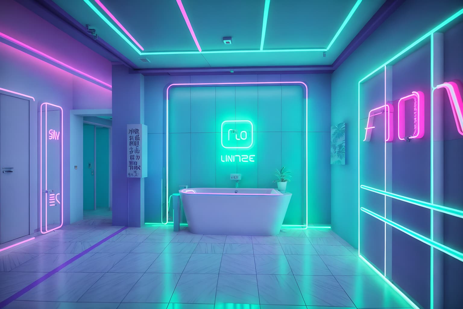 vaporwave-style (clothing store interior) . with neon glow and japanese letters on wall and baby blue and neon glow and palm trees and purple lights and teal colors and white square bathroom tiles. . cinematic photo, highly detailed, cinematic lighting, ultra-detailed, ultrarealistic, photorealism, 8k. vaporwave interior design style. masterpiece, cinematic light, ultrarealistic+, photorealistic+, 8k, raw photo, realistic, sharp focus on eyes, (symmetrical eyes), (intact eyes), hyperrealistic, highest quality, best quality, , highly detailed, masterpiece, best quality, extremely detailed 8k wallpaper, masterpiece, best quality, ultra-detailed, best shadow, detailed background, detailed face, detailed eyes, high contrast, best illumination, detailed face, dulux, caustic, dynamic angle, detailed glow. dramatic lighting. highly detailed, insanely detailed hair, symmetrical, intricate details, professionally retouched, 8k high definition. strong bokeh. award winning photo.
