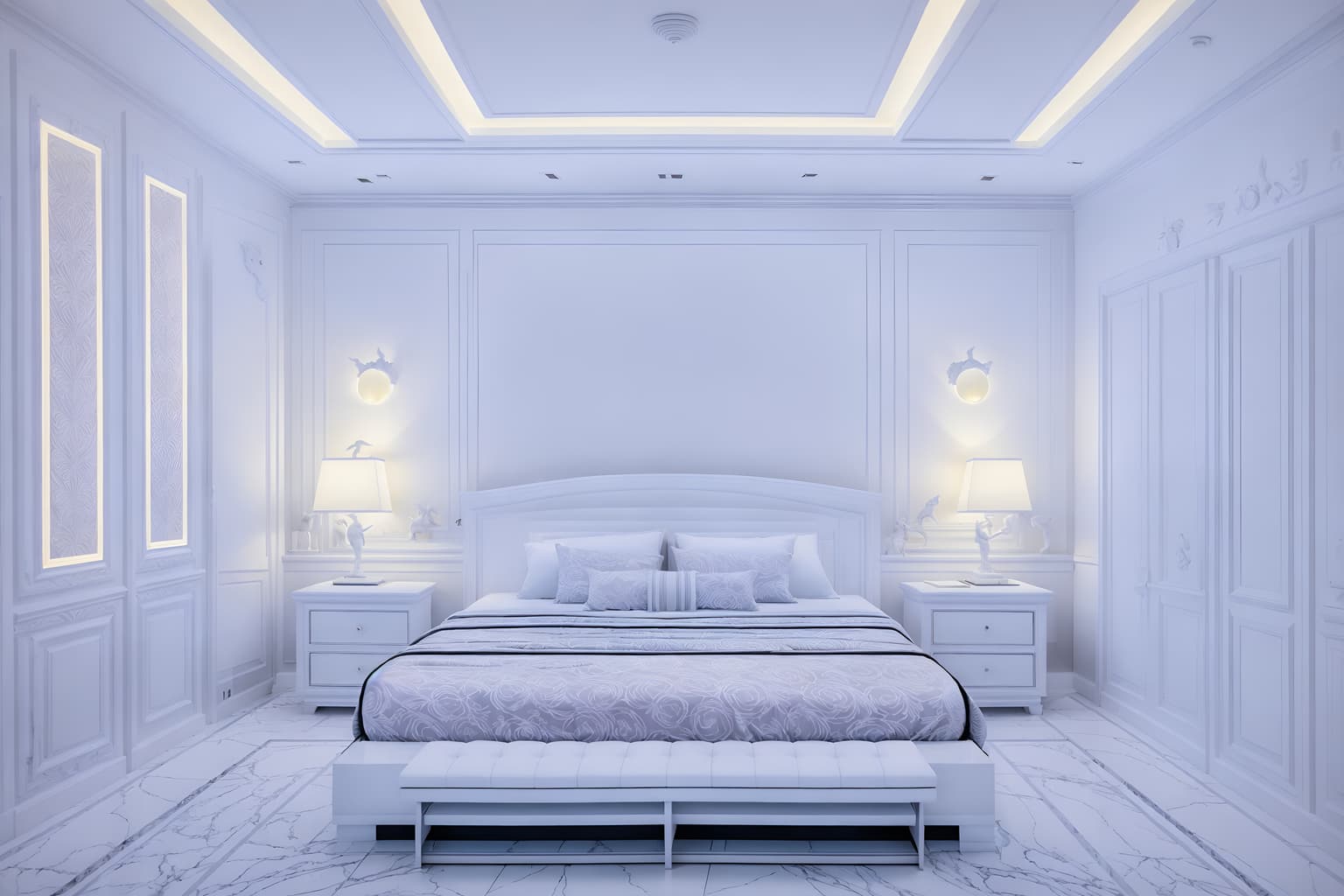 vaporwave-style (bedroom interior) with storage bench or ottoman and dresser closet and mirror and bedside table or night stand and bed and headboard and night light and plant. . with white square bathroom tiles and white square bathroom tiles and neon glow and white roman statues, white roman sculptures, white roman columns, white roman pillars in the center of the room, and purple lights and white square bathroom tiles and hanging plants and teal colors. . cinematic photo, highly detailed, cinematic lighting, ultra-detailed, ultrarealistic, photorealism, 8k. vaporwave interior design style. masterpiece, cinematic light, ultrarealistic+, photorealistic+, 8k, raw photo, realistic, sharp focus on eyes, (symmetrical eyes), (intact eyes), hyperrealistic, highest quality, best quality, , highly detailed, masterpiece, best quality, extremely detailed 8k wallpaper, masterpiece, best quality, ultra-detailed, best shadow, detailed background, detailed face, detailed eyes, high contrast, best illumination, detailed face, dulux, caustic, dynamic angle, detailed glow. dramatic lighting. highly detailed, insanely detailed hair, symmetrical, intricate details, professionally retouched, 8k high definition. strong bokeh. award winning photo.