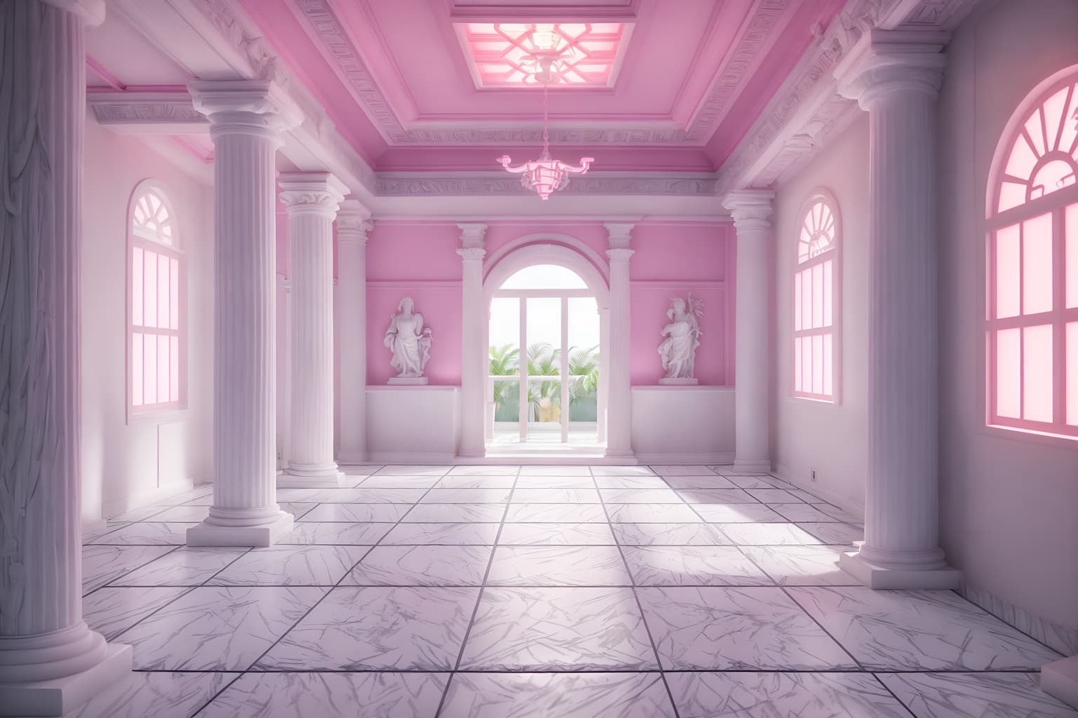 vaporwave-style (attic interior) . with palm trees and white roman statues, white roman sculptures, white roman columns, white roman pillars in the center of the room, and japanese letters on wall and japanese letters on wall and bright pink and palm trees and white square bathroom tiles and purple lights. . cinematic photo, highly detailed, cinematic lighting, ultra-detailed, ultrarealistic, photorealism, 8k. vaporwave interior design style. masterpiece, cinematic light, ultrarealistic+, photorealistic+, 8k, raw photo, realistic, sharp focus on eyes, (symmetrical eyes), (intact eyes), hyperrealistic, highest quality, best quality, , highly detailed, masterpiece, best quality, extremely detailed 8k wallpaper, masterpiece, best quality, ultra-detailed, best shadow, detailed background, detailed face, detailed eyes, high contrast, best illumination, detailed face, dulux, caustic, dynamic angle, detailed glow. dramatic lighting. highly detailed, insanely detailed hair, symmetrical, intricate details, professionally retouched, 8k high definition. strong bokeh. award winning photo.