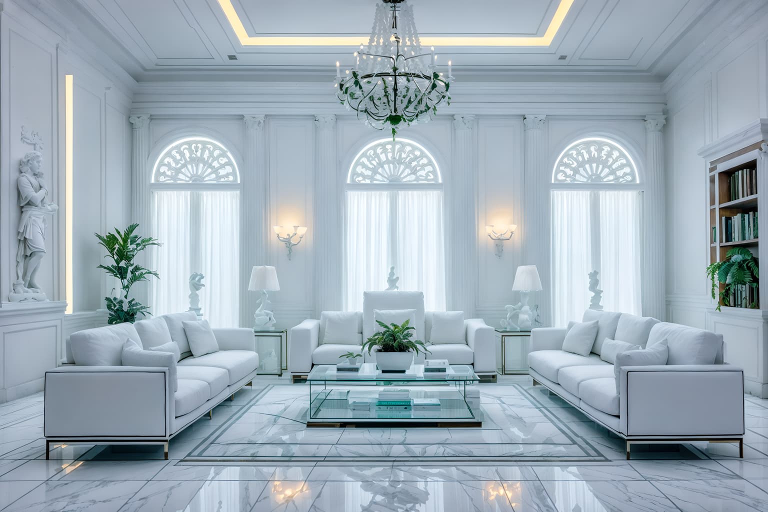 vaporwave-style (living room interior) with plant and electric lamps and bookshelves and televisions and coffee tables and sofa and furniture and chairs. . with neon glow and white square bathroom tiles and white square bathroom tiles and white roman statues, white roman sculptures, white roman columns, white roman pillars in the center of the room, and white roman statues, white roman sculptures, white roman columns, white roman pillars in the center of the room, and teal colors and palm trees and purple lights. . cinematic photo, highly detailed, cinematic lighting, ultra-detailed, ultrarealistic, photorealism, 8k. vaporwave interior design style. masterpiece, cinematic light, ultrarealistic+, photorealistic+, 8k, raw photo, realistic, sharp focus on eyes, (symmetrical eyes), (intact eyes), hyperrealistic, highest quality, best quality, , highly detailed, masterpiece, best quality, extremely detailed 8k wallpaper, masterpiece, best quality, ultra-detailed, best shadow, detailed background, detailed face, detailed eyes, high contrast, best illumination, detailed face, dulux, caustic, dynamic angle, detailed glow. dramatic lighting. highly detailed, insanely detailed hair, symmetrical, intricate details, professionally retouched, 8k high definition. strong bokeh. award winning photo.