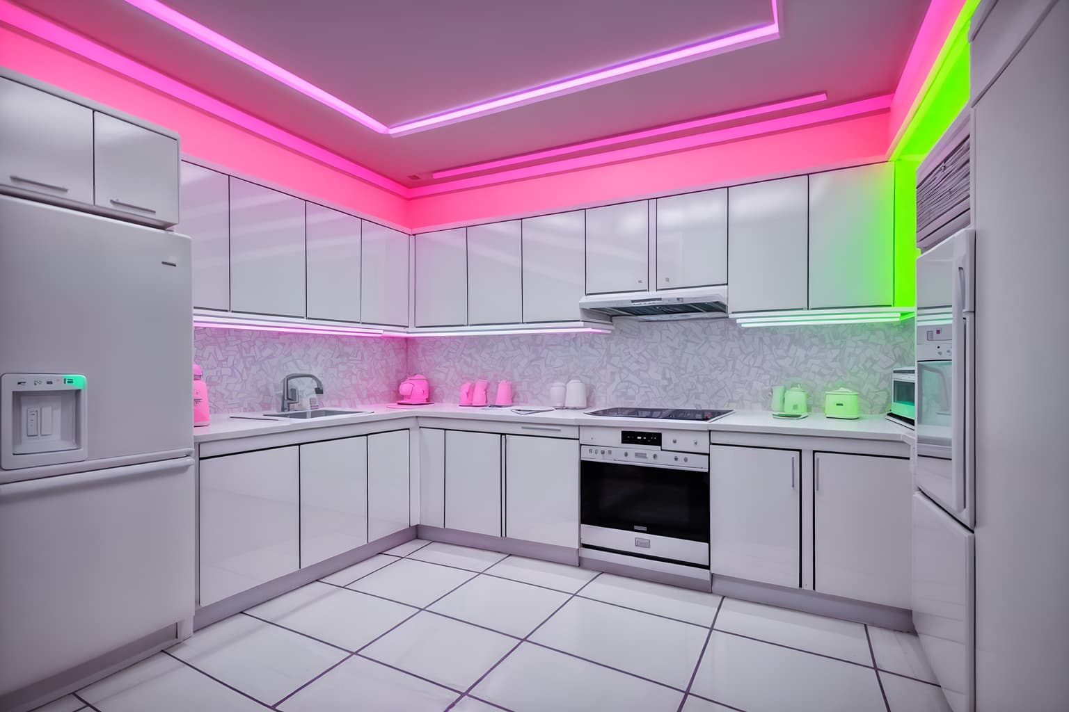 vaporwave-style (kitchen interior) with kitchen cabinets and plant and sink and refrigerator and stove and worktops and kitchen cabinets. . with neon glow and purple lights and bright pink and neon glow and white roman statues, white roman sculptures, white roman columns, white roman pillars in the center of the room, and washed out colors and white square bathroom tiles and palm trees. . cinematic photo, highly detailed, cinematic lighting, ultra-detailed, ultrarealistic, photorealism, 8k. vaporwave interior design style. masterpiece, cinematic light, ultrarealistic+, photorealistic+, 8k, raw photo, realistic, sharp focus on eyes, (symmetrical eyes), (intact eyes), hyperrealistic, highest quality, best quality, , highly detailed, masterpiece, best quality, extremely detailed 8k wallpaper, masterpiece, best quality, ultra-detailed, best shadow, detailed background, detailed face, detailed eyes, high contrast, best illumination, detailed face, dulux, caustic, dynamic angle, detailed glow. dramatic lighting. highly detailed, insanely detailed hair, symmetrical, intricate details, professionally retouched, 8k high definition. strong bokeh. award winning photo.