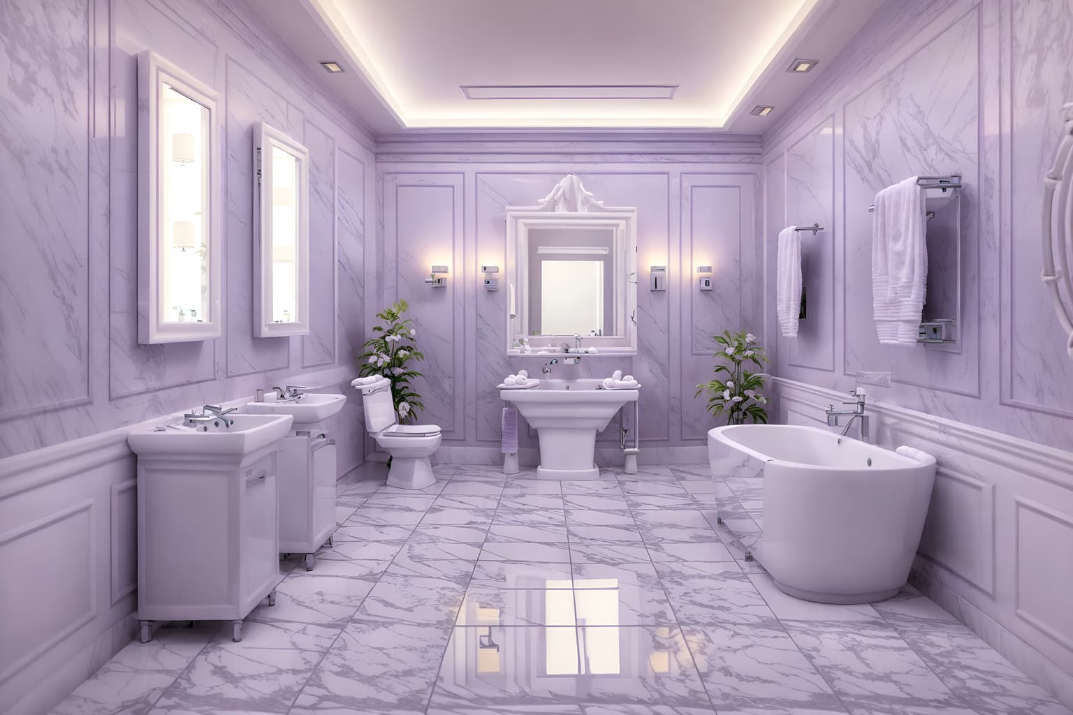 vaporwave-style (hotel bathroom interior) with bath rail and shower and mirror and toilet seat and bathroom cabinet and waste basket and bathtub and bathroom sink with faucet. . with purple lights and white roman statues, white roman sculptures, white roman columns, white roman pillars in the center of the room, and white square bathroom tiles and japanese letters on wall and white square bathroom tiles and purple lights and palm trees and neon glow. . cinematic photo, highly detailed, cinematic lighting, ultra-detailed, ultrarealistic, photorealism, 8k. vaporwave interior design style. masterpiece, cinematic light, ultrarealistic+, photorealistic+, 8k, raw photo, realistic, sharp focus on eyes, (symmetrical eyes), (intact eyes), hyperrealistic, highest quality, best quality, , highly detailed, masterpiece, best quality, extremely detailed 8k wallpaper, masterpiece, best quality, ultra-detailed, best shadow, detailed background, detailed face, detailed eyes, high contrast, best illumination, detailed face, dulux, caustic, dynamic angle, detailed glow. dramatic lighting. highly detailed, insanely detailed hair, symmetrical, intricate details, professionally retouched, 8k high definition. strong bokeh. award winning photo.