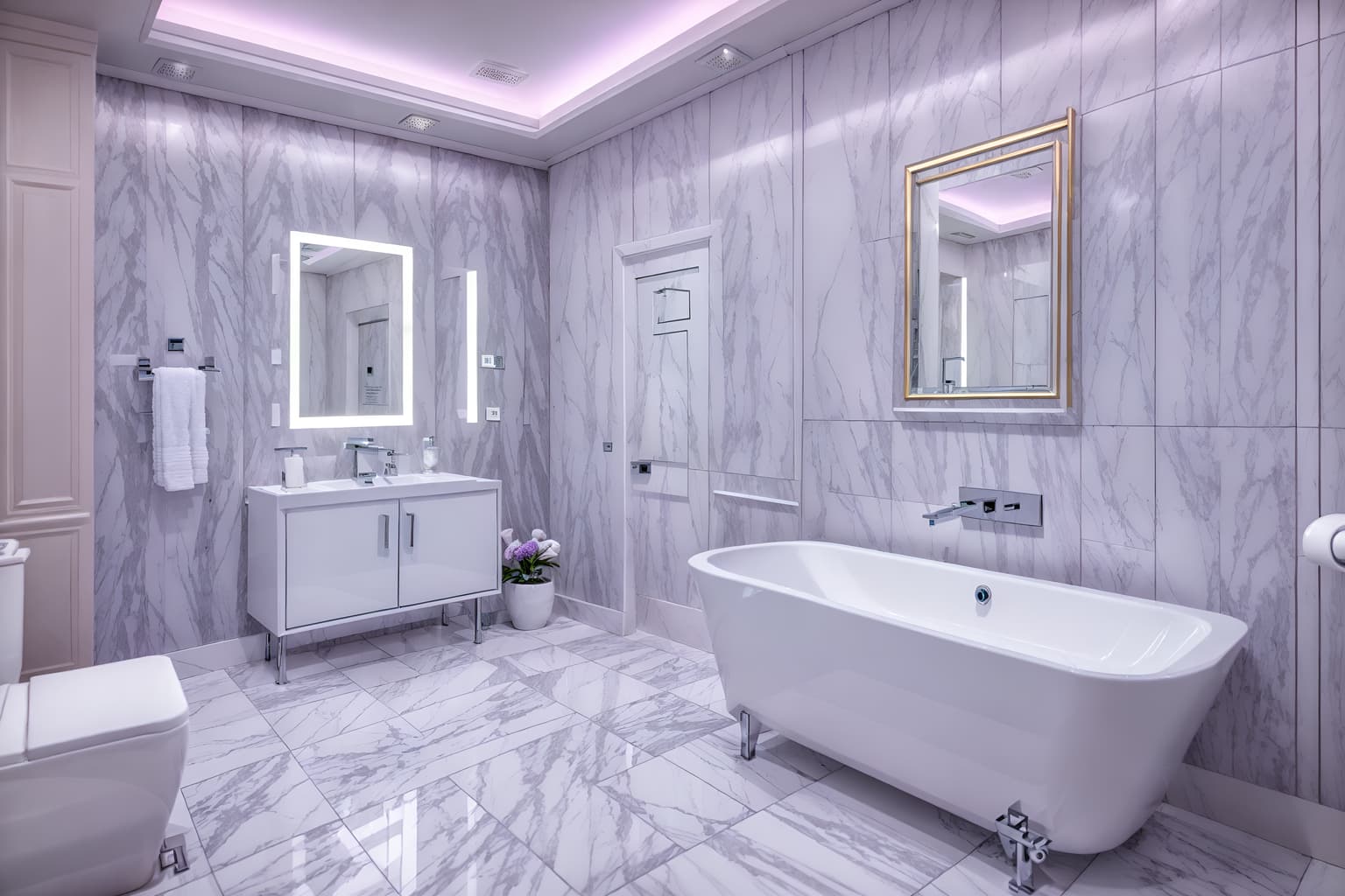 vaporwave-style (hotel bathroom interior) with bath rail and shower and mirror and toilet seat and bathroom cabinet and waste basket and bathtub and bathroom sink with faucet. . with purple lights and white roman statues, white roman sculptures, white roman columns, white roman pillars in the center of the room, and white square bathroom tiles and japanese letters on wall and white square bathroom tiles and purple lights and palm trees and neon glow. . cinematic photo, highly detailed, cinematic lighting, ultra-detailed, ultrarealistic, photorealism, 8k. vaporwave interior design style. masterpiece, cinematic light, ultrarealistic+, photorealistic+, 8k, raw photo, realistic, sharp focus on eyes, (symmetrical eyes), (intact eyes), hyperrealistic, highest quality, best quality, , highly detailed, masterpiece, best quality, extremely detailed 8k wallpaper, masterpiece, best quality, ultra-detailed, best shadow, detailed background, detailed face, detailed eyes, high contrast, best illumination, detailed face, dulux, caustic, dynamic angle, detailed glow. dramatic lighting. highly detailed, insanely detailed hair, symmetrical, intricate details, professionally retouched, 8k high definition. strong bokeh. award winning photo.