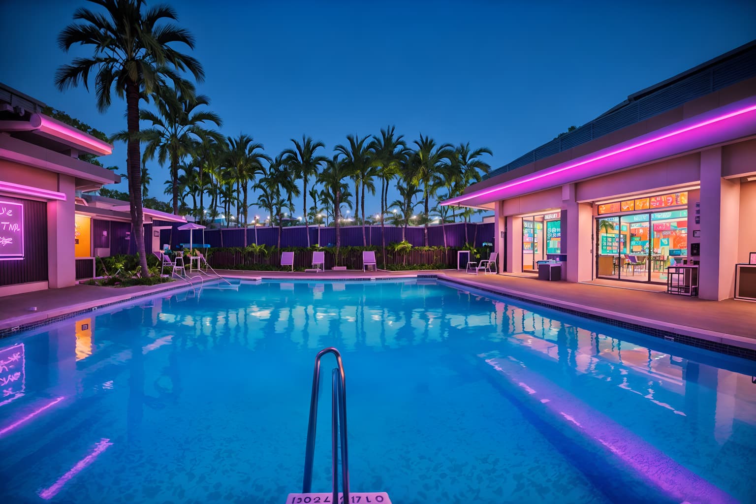 vaporwave-style designed (outdoor pool area ) with pool lights and pool and pool lounge chairs and pool lights. . with purple lights and purple lights and japanese letters on wall and 1980s retail shops and white square bathroom tiles and japanese letters on wall and baby blue and palm trees. . cinematic photo, highly detailed, cinematic lighting, ultra-detailed, ultrarealistic, photorealism, 8k. vaporwave design style. masterpiece, cinematic light, ultrarealistic+, photorealistic+, 8k, raw photo, realistic, sharp focus on eyes, (symmetrical eyes), (intact eyes), hyperrealistic, highest quality, best quality, , highly detailed, masterpiece, best quality, extremely detailed 8k wallpaper, masterpiece, best quality, ultra-detailed, best shadow, detailed background, detailed face, detailed eyes, high contrast, best illumination, detailed face, dulux, caustic, dynamic angle, detailed glow. dramatic lighting. highly detailed, insanely detailed hair, symmetrical, intricate details, professionally retouched, 8k high definition. strong bokeh. award winning photo.