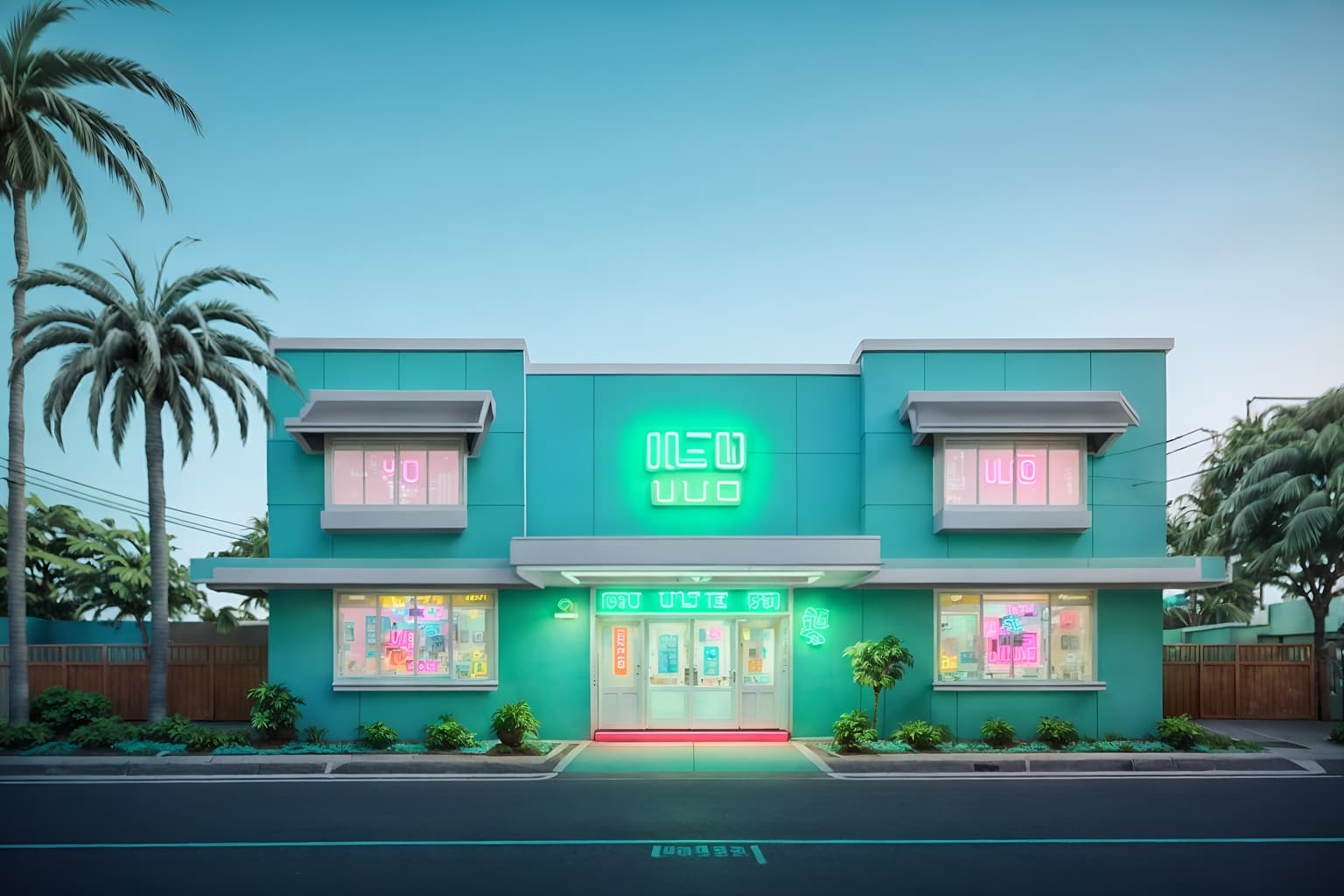 vaporwave-style exterior designed (house exterior exterior) . with neon glow and 1980s retail shops and baby blue and teal colors and white square bathroom tiles and palm trees and japanese letters on wall and japanese letters on wall. . cinematic photo, highly detailed, cinematic lighting, ultra-detailed, ultrarealistic, photorealism, 8k. vaporwave exterior design style. masterpiece, cinematic light, ultrarealistic+, photorealistic+, 8k, raw photo, realistic, sharp focus on eyes, (symmetrical eyes), (intact eyes), hyperrealistic, highest quality, best quality, , highly detailed, masterpiece, best quality, extremely detailed 8k wallpaper, masterpiece, best quality, ultra-detailed, best shadow, detailed background, detailed face, detailed eyes, high contrast, best illumination, detailed face, dulux, caustic, dynamic angle, detailed glow. dramatic lighting. highly detailed, insanely detailed hair, symmetrical, intricate details, professionally retouched, 8k high definition. strong bokeh. award winning photo.