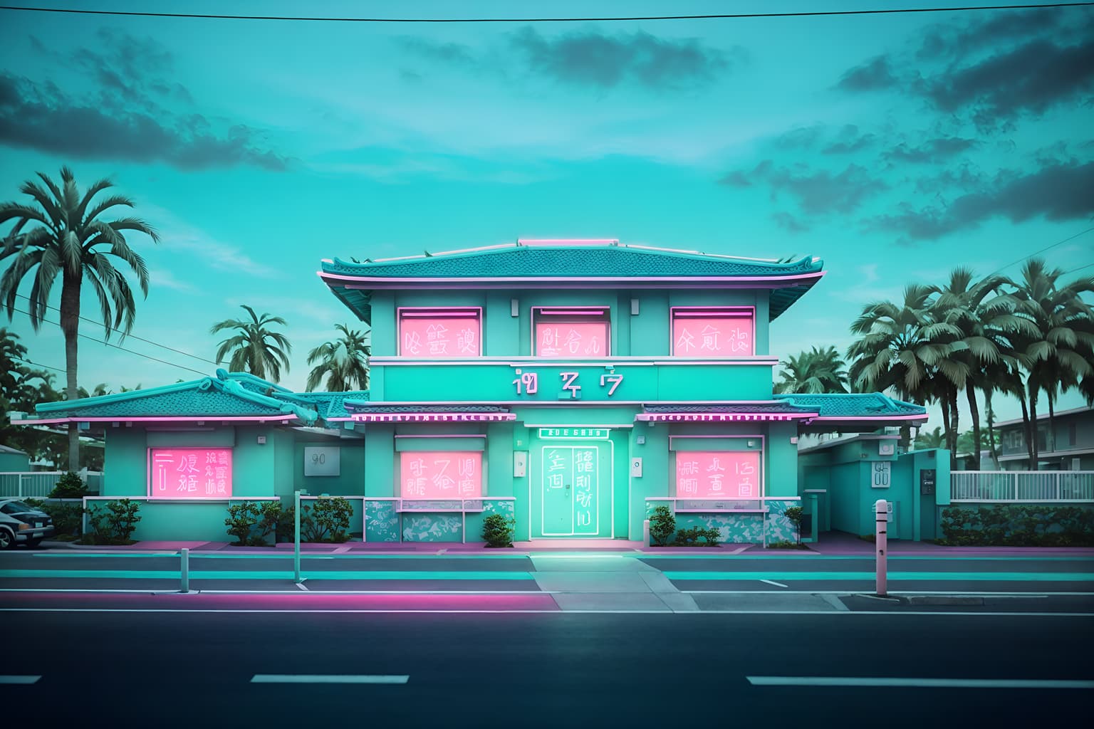 vaporwave-style exterior designed (house exterior exterior) . with neon glow and 1980s retail shops and baby blue and teal colors and white square bathroom tiles and palm trees and japanese letters on wall and japanese letters on wall. . cinematic photo, highly detailed, cinematic lighting, ultra-detailed, ultrarealistic, photorealism, 8k. vaporwave exterior design style. masterpiece, cinematic light, ultrarealistic+, photorealistic+, 8k, raw photo, realistic, sharp focus on eyes, (symmetrical eyes), (intact eyes), hyperrealistic, highest quality, best quality, , highly detailed, masterpiece, best quality, extremely detailed 8k wallpaper, masterpiece, best quality, ultra-detailed, best shadow, detailed background, detailed face, detailed eyes, high contrast, best illumination, detailed face, dulux, caustic, dynamic angle, detailed glow. dramatic lighting. highly detailed, insanely detailed hair, symmetrical, intricate details, professionally retouched, 8k high definition. strong bokeh. award winning photo.