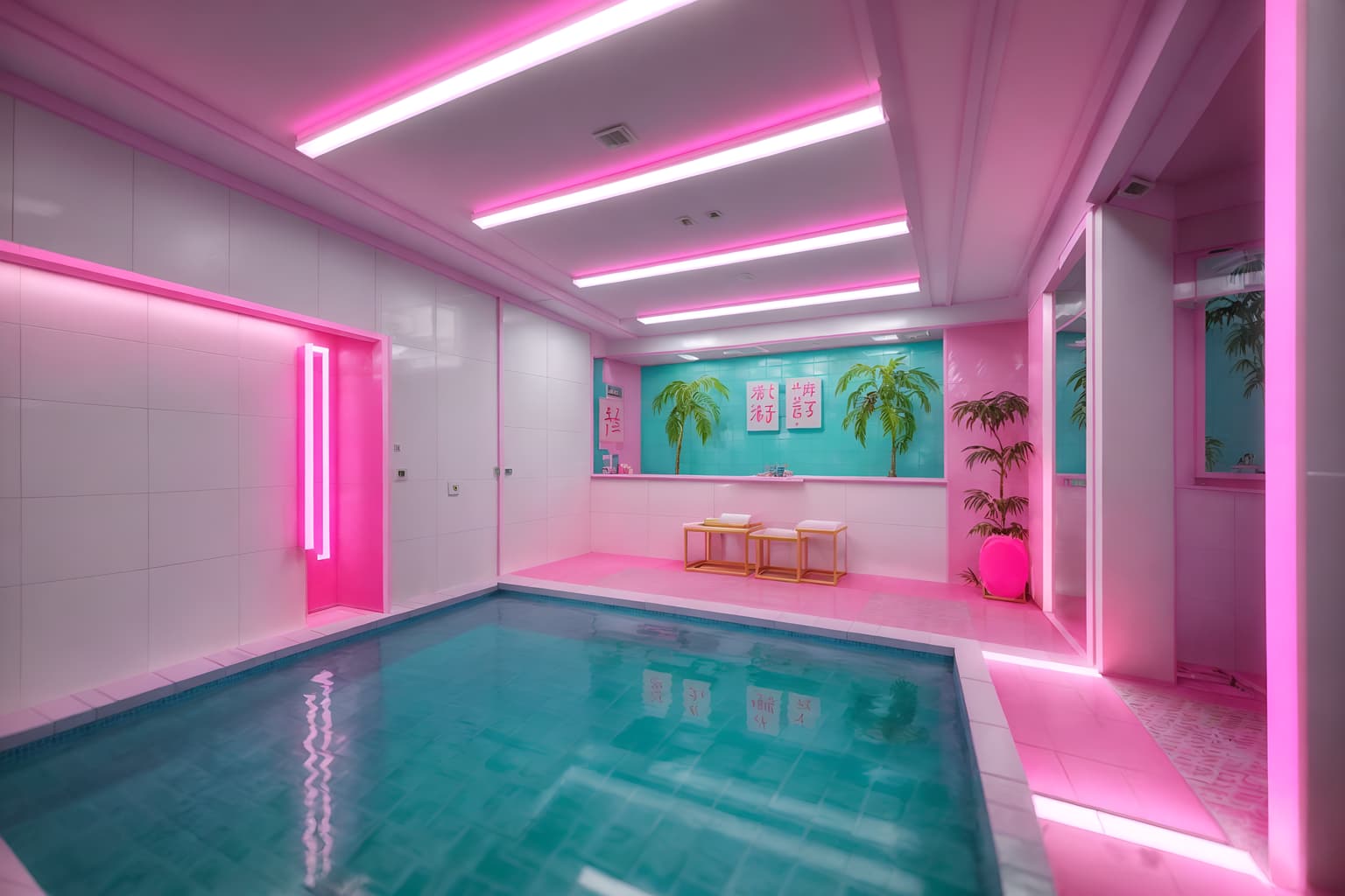 vaporwave-style (onsen interior) . with bright pink and japanese letters on wall and white square bathroom tiles and 1980s retail shops and palm trees and white square bathroom tiles and palm trees and baby blue. . cinematic photo, highly detailed, cinematic lighting, ultra-detailed, ultrarealistic, photorealism, 8k. vaporwave interior design style. masterpiece, cinematic light, ultrarealistic+, photorealistic+, 8k, raw photo, realistic, sharp focus on eyes, (symmetrical eyes), (intact eyes), hyperrealistic, highest quality, best quality, , highly detailed, masterpiece, best quality, extremely detailed 8k wallpaper, masterpiece, best quality, ultra-detailed, best shadow, detailed background, detailed face, detailed eyes, high contrast, best illumination, detailed face, dulux, caustic, dynamic angle, detailed glow. dramatic lighting. highly detailed, insanely detailed hair, symmetrical, intricate details, professionally retouched, 8k high definition. strong bokeh. award winning photo.