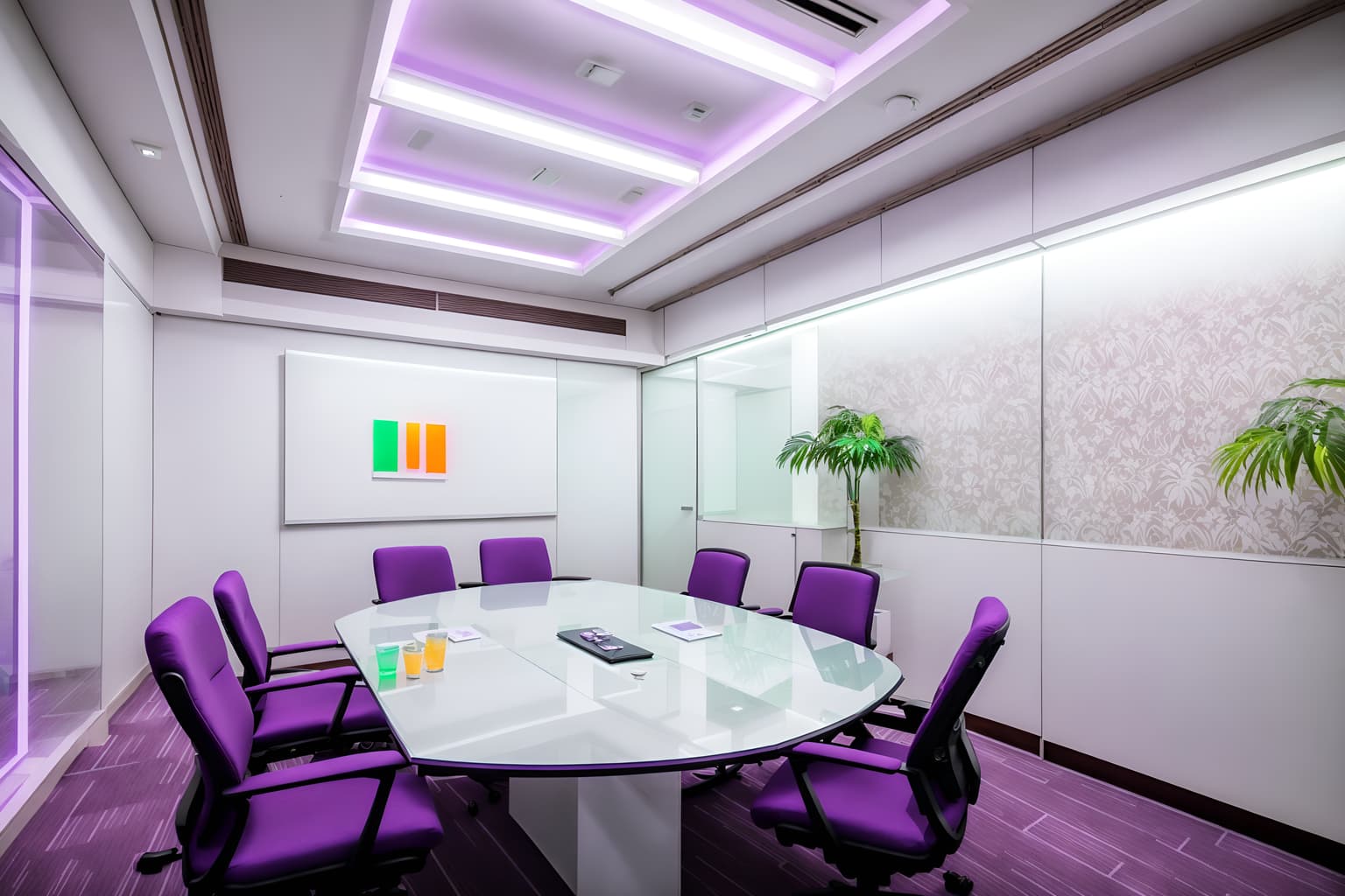 vaporwave-style (meeting room interior) with plant and painting or photo on wall and boardroom table and glass walls and office chairs and cabinets and vase and glass doors. . with purple lights and japanese letters on wall and neon glow and white square bathroom tiles and neon glow and japanese letters on wall and white roman statues, white roman sculptures, white roman columns, white roman pillars in the center of the room, and teal colors. . cinematic photo, highly detailed, cinematic lighting, ultra-detailed, ultrarealistic, photorealism, 8k. vaporwave interior design style. masterpiece, cinematic light, ultrarealistic+, photorealistic+, 8k, raw photo, realistic, sharp focus on eyes, (symmetrical eyes), (intact eyes), hyperrealistic, highest quality, best quality, , highly detailed, masterpiece, best quality, extremely detailed 8k wallpaper, masterpiece, best quality, ultra-detailed, best shadow, detailed background, detailed face, detailed eyes, high contrast, best illumination, detailed face, dulux, caustic, dynamic angle, detailed glow. dramatic lighting. highly detailed, insanely detailed hair, symmetrical, intricate details, professionally retouched, 8k high definition. strong bokeh. award winning photo.