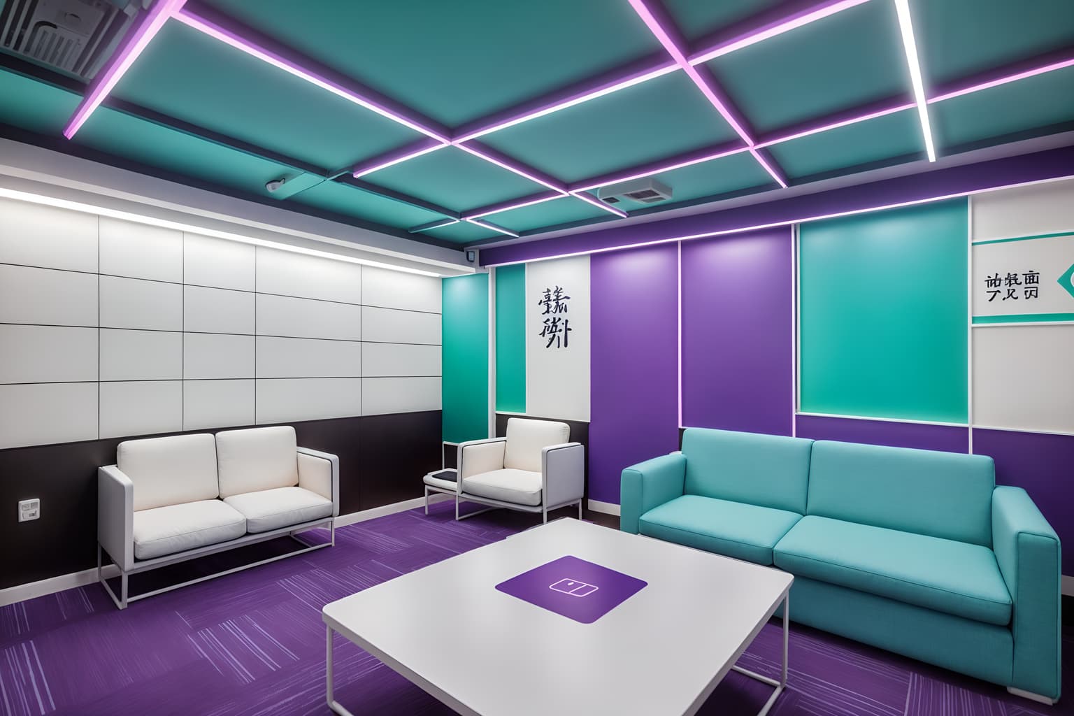 vaporwave-style (coworking space interior) with office desks and seating area with sofa and office chairs and lounge chairs and office desks. . with teal colors and japanese letters on wall and neon glow and white square bathroom tiles and white square bathroom tiles and purple lights and white square bathroom tiles and purple lights. . cinematic photo, highly detailed, cinematic lighting, ultra-detailed, ultrarealistic, photorealism, 8k. vaporwave interior design style. masterpiece, cinematic light, ultrarealistic+, photorealistic+, 8k, raw photo, realistic, sharp focus on eyes, (symmetrical eyes), (intact eyes), hyperrealistic, highest quality, best quality, , highly detailed, masterpiece, best quality, extremely detailed 8k wallpaper, masterpiece, best quality, ultra-detailed, best shadow, detailed background, detailed face, detailed eyes, high contrast, best illumination, detailed face, dulux, caustic, dynamic angle, detailed glow. dramatic lighting. highly detailed, insanely detailed hair, symmetrical, intricate details, professionally retouched, 8k high definition. strong bokeh. award winning photo.