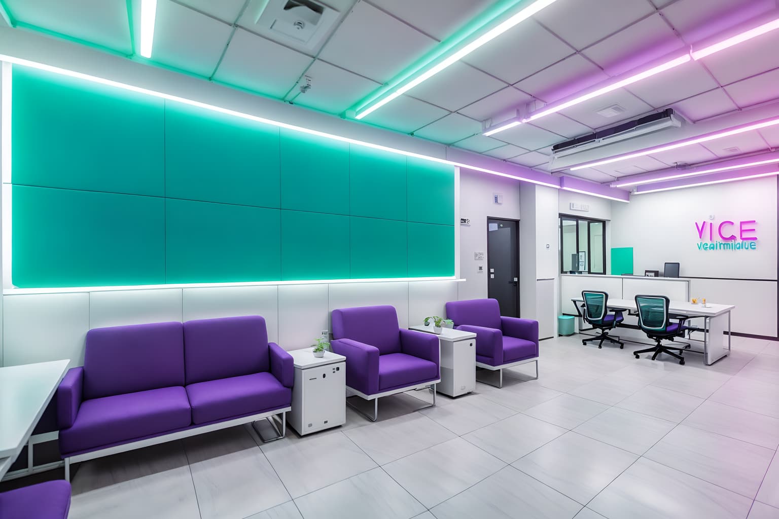 vaporwave-style (coworking space interior) with office desks and seating area with sofa and office chairs and lounge chairs and office desks. . with teal colors and japanese letters on wall and neon glow and white square bathroom tiles and white square bathroom tiles and purple lights and white square bathroom tiles and purple lights. . cinematic photo, highly detailed, cinematic lighting, ultra-detailed, ultrarealistic, photorealism, 8k. vaporwave interior design style. masterpiece, cinematic light, ultrarealistic+, photorealistic+, 8k, raw photo, realistic, sharp focus on eyes, (symmetrical eyes), (intact eyes), hyperrealistic, highest quality, best quality, , highly detailed, masterpiece, best quality, extremely detailed 8k wallpaper, masterpiece, best quality, ultra-detailed, best shadow, detailed background, detailed face, detailed eyes, high contrast, best illumination, detailed face, dulux, caustic, dynamic angle, detailed glow. dramatic lighting. highly detailed, insanely detailed hair, symmetrical, intricate details, professionally retouched, 8k high definition. strong bokeh. award winning photo.