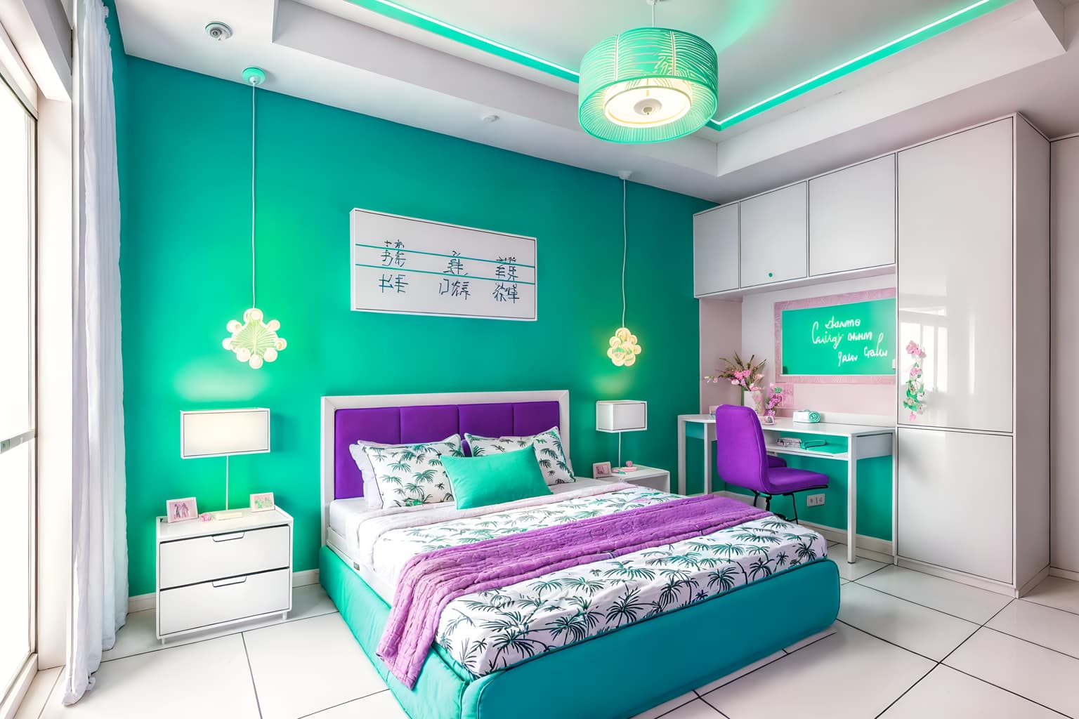 vaporwave-style (kids room interior) with storage bench or ottoman and bed and mirror and night light and dresser closet and accent chair and kids desk and bedside table or night stand. . with japanese letters on wall and white square bathroom tiles and palm trees and teal colors and palm trees and neon glow and white square bathroom tiles and purple lights. . cinematic photo, highly detailed, cinematic lighting, ultra-detailed, ultrarealistic, photorealism, 8k. vaporwave interior design style. masterpiece, cinematic light, ultrarealistic+, photorealistic+, 8k, raw photo, realistic, sharp focus on eyes, (symmetrical eyes), (intact eyes), hyperrealistic, highest quality, best quality, , highly detailed, masterpiece, best quality, extremely detailed 8k wallpaper, masterpiece, best quality, ultra-detailed, best shadow, detailed background, detailed face, detailed eyes, high contrast, best illumination, detailed face, dulux, caustic, dynamic angle, detailed glow. dramatic lighting. highly detailed, insanely detailed hair, symmetrical, intricate details, professionally retouched, 8k high definition. strong bokeh. award winning photo.