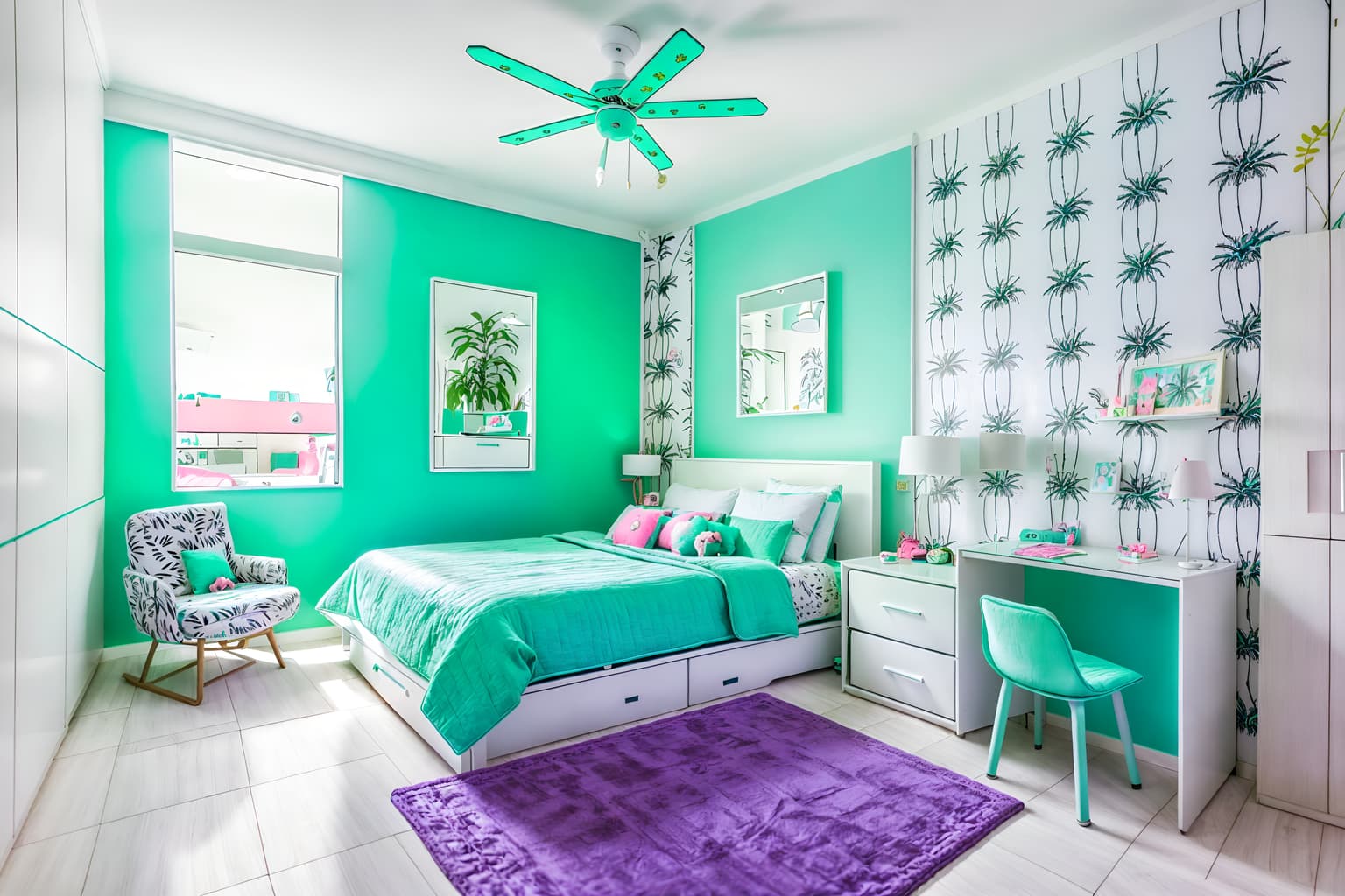 vaporwave-style (kids room interior) with storage bench or ottoman and bed and mirror and night light and dresser closet and accent chair and kids desk and bedside table or night stand. . with japanese letters on wall and white square bathroom tiles and palm trees and teal colors and palm trees and neon glow and white square bathroom tiles and purple lights. . cinematic photo, highly detailed, cinematic lighting, ultra-detailed, ultrarealistic, photorealism, 8k. vaporwave interior design style. masterpiece, cinematic light, ultrarealistic+, photorealistic+, 8k, raw photo, realistic, sharp focus on eyes, (symmetrical eyes), (intact eyes), hyperrealistic, highest quality, best quality, , highly detailed, masterpiece, best quality, extremely detailed 8k wallpaper, masterpiece, best quality, ultra-detailed, best shadow, detailed background, detailed face, detailed eyes, high contrast, best illumination, detailed face, dulux, caustic, dynamic angle, detailed glow. dramatic lighting. highly detailed, insanely detailed hair, symmetrical, intricate details, professionally retouched, 8k high definition. strong bokeh. award winning photo.