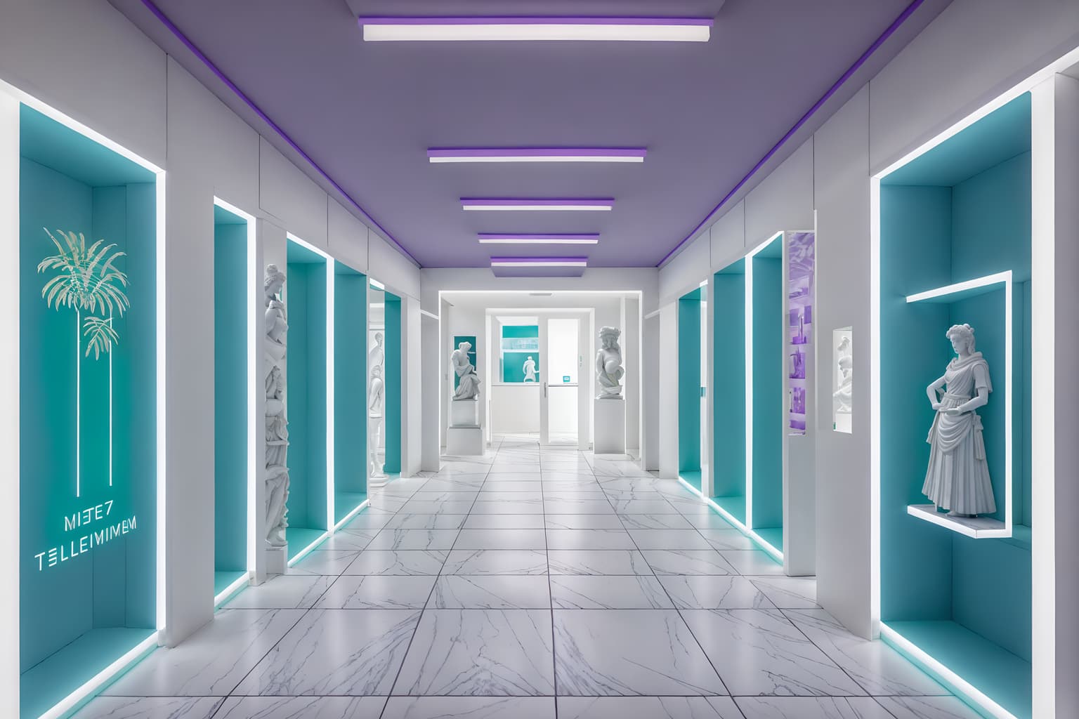vaporwave-style (walk in closet interior) . with purple lights and palm trees and 1980s retail shops and white square bathroom tiles and japanese letters on wall and white square bathroom tiles and teal colors and white roman statues, white roman sculptures, white roman columns, white roman pillars in the center of the room,. . cinematic photo, highly detailed, cinematic lighting, ultra-detailed, ultrarealistic, photorealism, 8k. vaporwave interior design style. masterpiece, cinematic light, ultrarealistic+, photorealistic+, 8k, raw photo, realistic, sharp focus on eyes, (symmetrical eyes), (intact eyes), hyperrealistic, highest quality, best quality, , highly detailed, masterpiece, best quality, extremely detailed 8k wallpaper, masterpiece, best quality, ultra-detailed, best shadow, detailed background, detailed face, detailed eyes, high contrast, best illumination, detailed face, dulux, caustic, dynamic angle, detailed glow. dramatic lighting. highly detailed, insanely detailed hair, symmetrical, intricate details, professionally retouched, 8k high definition. strong bokeh. award winning photo.