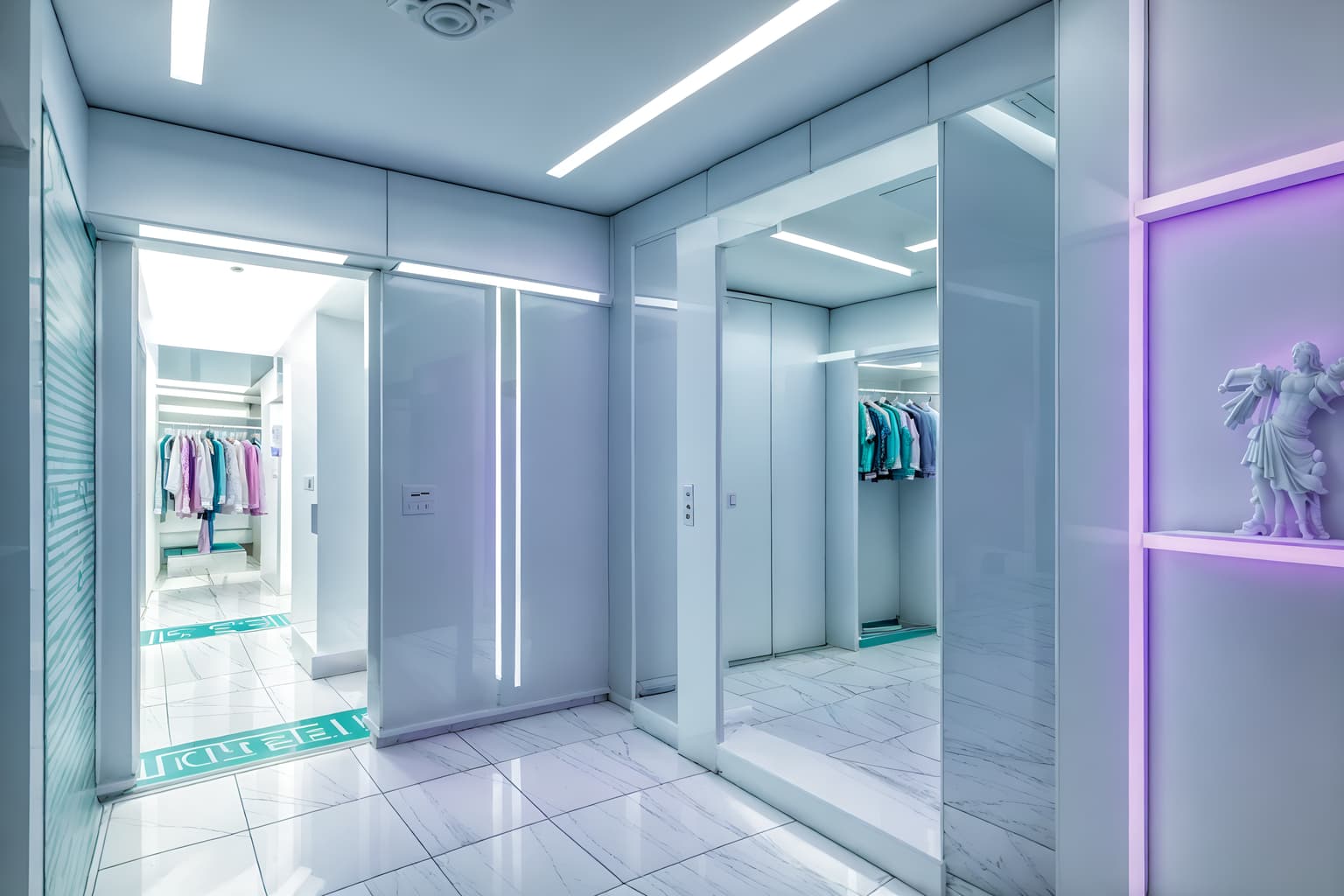 vaporwave-style (walk in closet interior) . with purple lights and palm trees and 1980s retail shops and white square bathroom tiles and japanese letters on wall and white square bathroom tiles and teal colors and white roman statues, white roman sculptures, white roman columns, white roman pillars in the center of the room,. . cinematic photo, highly detailed, cinematic lighting, ultra-detailed, ultrarealistic, photorealism, 8k. vaporwave interior design style. masterpiece, cinematic light, ultrarealistic+, photorealistic+, 8k, raw photo, realistic, sharp focus on eyes, (symmetrical eyes), (intact eyes), hyperrealistic, highest quality, best quality, , highly detailed, masterpiece, best quality, extremely detailed 8k wallpaper, masterpiece, best quality, ultra-detailed, best shadow, detailed background, detailed face, detailed eyes, high contrast, best illumination, detailed face, dulux, caustic, dynamic angle, detailed glow. dramatic lighting. highly detailed, insanely detailed hair, symmetrical, intricate details, professionally retouched, 8k high definition. strong bokeh. award winning photo.