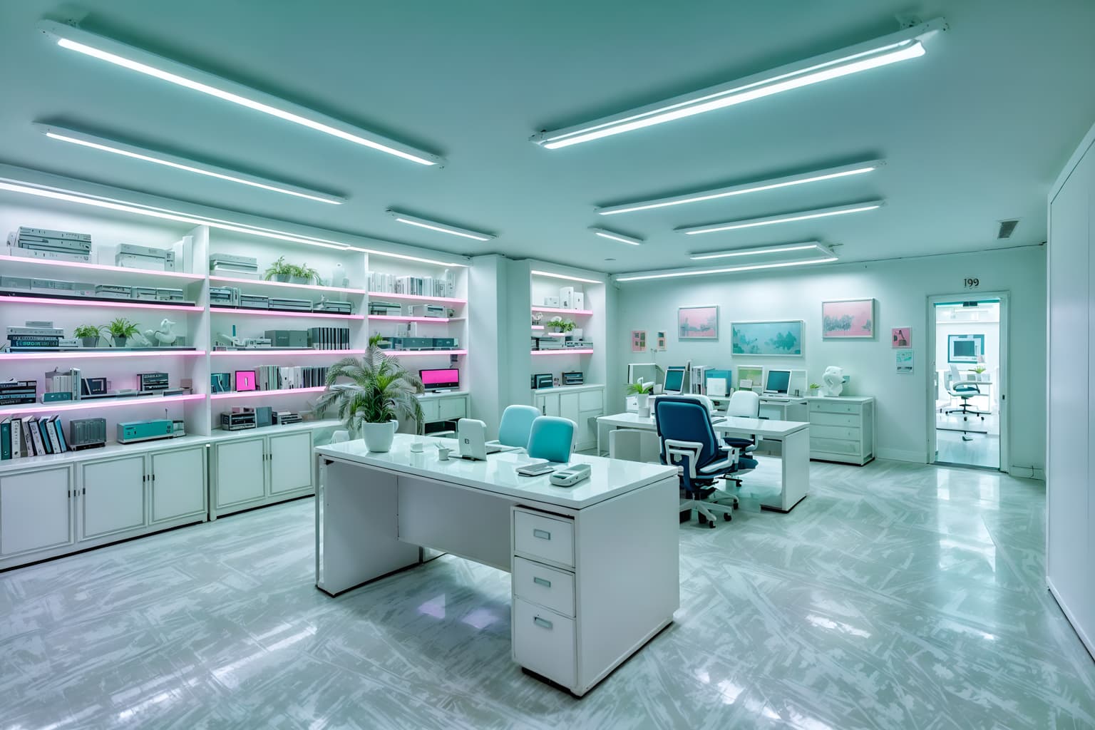 vaporwave-style (home office interior) with desk lamp and computer desk and cabinets and plant and office chair and desk lamp. . with baby blue and white roman statues, white roman sculptures, white roman columns, white roman pillars in the center of the room, and 1980s retail shops and palm trees and bright pink and neon glow and purple lights and purple lights. . cinematic photo, highly detailed, cinematic lighting, ultra-detailed, ultrarealistic, photorealism, 8k. vaporwave interior design style. masterpiece, cinematic light, ultrarealistic+, photorealistic+, 8k, raw photo, realistic, sharp focus on eyes, (symmetrical eyes), (intact eyes), hyperrealistic, highest quality, best quality, , highly detailed, masterpiece, best quality, extremely detailed 8k wallpaper, masterpiece, best quality, ultra-detailed, best shadow, detailed background, detailed face, detailed eyes, high contrast, best illumination, detailed face, dulux, caustic, dynamic angle, detailed glow. dramatic lighting. highly detailed, insanely detailed hair, symmetrical, intricate details, professionally retouched, 8k high definition. strong bokeh. award winning photo.