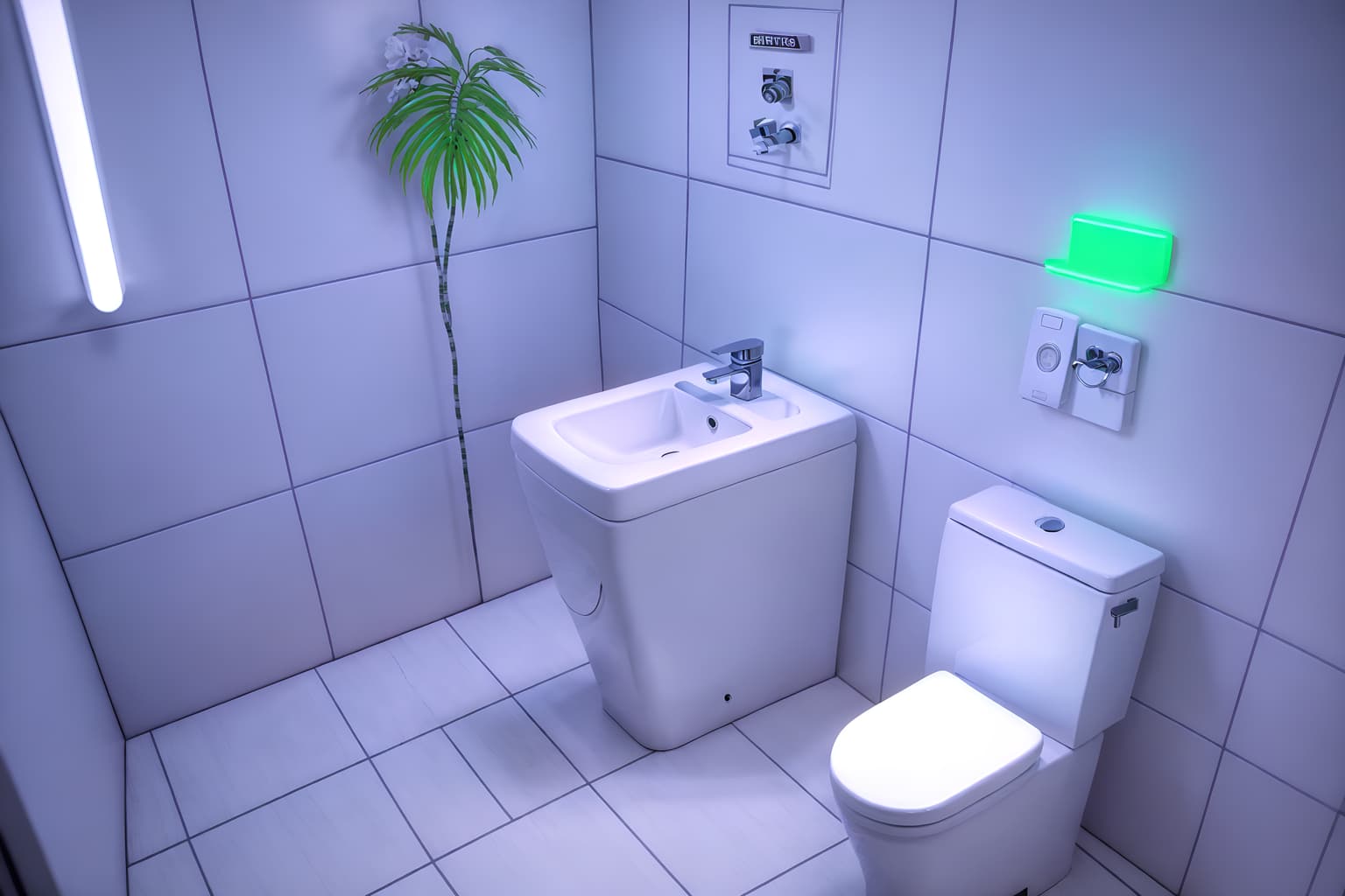 vaporwave-style (toilet interior) with sink with tap and toilet with toilet seat up and toilet paper hanger and sink with tap. . with white square bathroom tiles and neon glow and white square bathroom tiles and neon glow and palm trees and japanese letters on wall and purple lights and neon glow. . cinematic photo, highly detailed, cinematic lighting, ultra-detailed, ultrarealistic, photorealism, 8k. vaporwave interior design style. masterpiece, cinematic light, ultrarealistic+, photorealistic+, 8k, raw photo, realistic, sharp focus on eyes, (symmetrical eyes), (intact eyes), hyperrealistic, highest quality, best quality, , highly detailed, masterpiece, best quality, extremely detailed 8k wallpaper, masterpiece, best quality, ultra-detailed, best shadow, detailed background, detailed face, detailed eyes, high contrast, best illumination, detailed face, dulux, caustic, dynamic angle, detailed glow. dramatic lighting. highly detailed, insanely detailed hair, symmetrical, intricate details, professionally retouched, 8k high definition. strong bokeh. award winning photo.