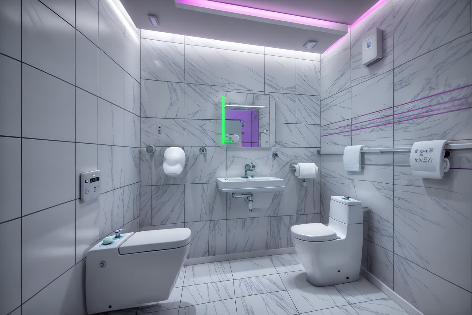 vaporwave-style (toilet interior) with sink with tap and toilet with toilet seat up and toilet paper hanger and sink with tap. . with white square bathroom tiles and neon glow and white square bathroom tiles and neon glow and palm trees and japanese letters on wall and purple lights and neon glow. . cinematic photo, highly detailed, cinematic lighting, ultra-detailed, ultrarealistic, photorealism, 8k. vaporwave interior design style. masterpiece, cinematic light, ultrarealistic+, photorealistic+, 8k, raw photo, realistic, sharp focus on eyes, (symmetrical eyes), (intact eyes), hyperrealistic, highest quality, best quality, , highly detailed, masterpiece, best quality, extremely detailed 8k wallpaper, masterpiece, best quality, ultra-detailed, best shadow, detailed background, detailed face, detailed eyes, high contrast, best illumination, detailed face, dulux, caustic, dynamic angle, detailed glow. dramatic lighting. highly detailed, insanely detailed hair, symmetrical, intricate details, professionally retouched, 8k high definition. strong bokeh. award winning photo.