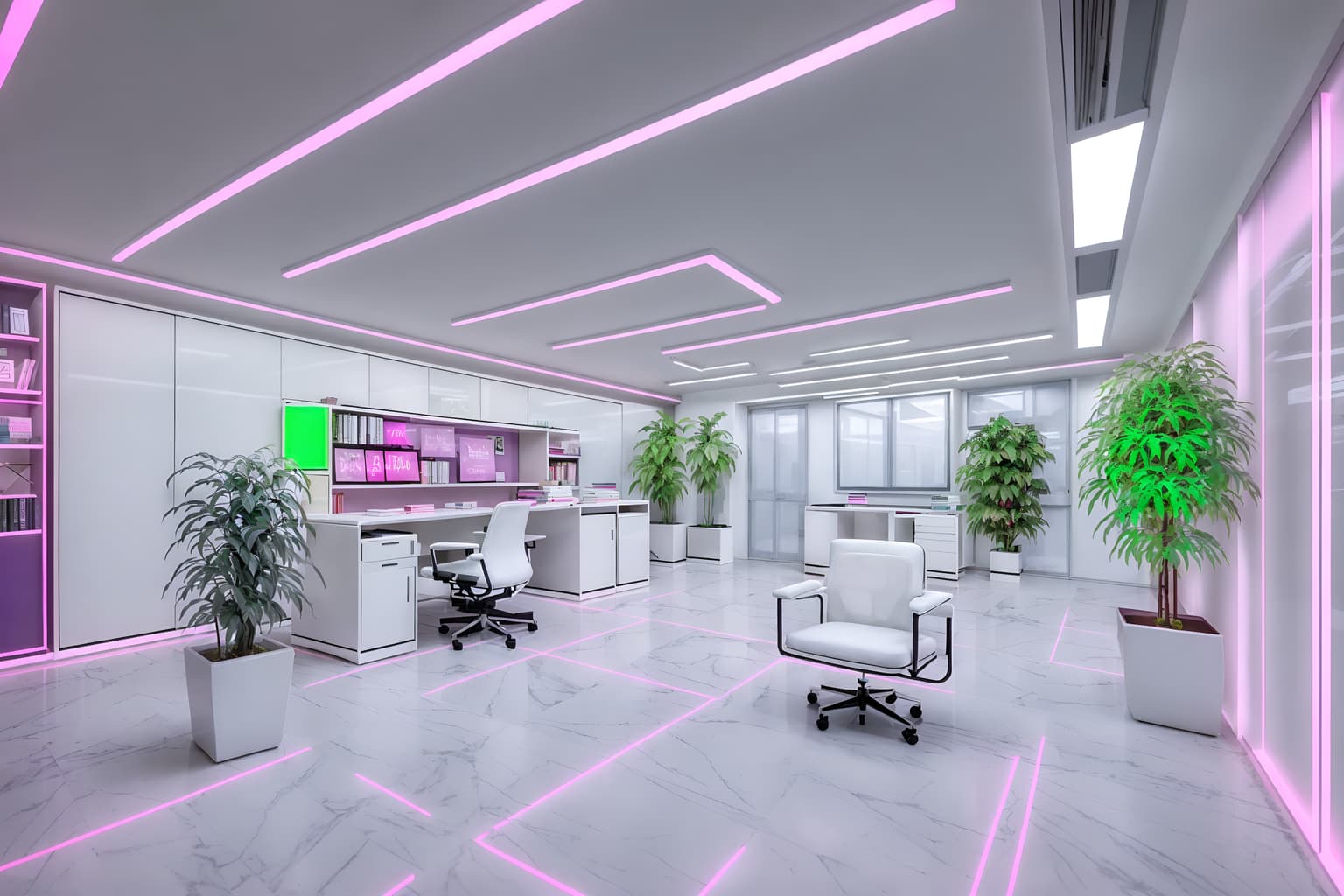 vaporwave-style (study room interior) with office chair and lounge chair and cabinets and desk lamp and plant and writing desk and bookshelves and office chair. . with 1980s retail shops and neon glow and white square bathroom tiles and neon glow and white square bathroom tiles and purple lights and white roman statues, white roman sculptures, white roman columns, white roman pillars in the center of the room, and purple lights. . cinematic photo, highly detailed, cinematic lighting, ultra-detailed, ultrarealistic, photorealism, 8k. vaporwave interior design style. masterpiece, cinematic light, ultrarealistic+, photorealistic+, 8k, raw photo, realistic, sharp focus on eyes, (symmetrical eyes), (intact eyes), hyperrealistic, highest quality, best quality, , highly detailed, masterpiece, best quality, extremely detailed 8k wallpaper, masterpiece, best quality, ultra-detailed, best shadow, detailed background, detailed face, detailed eyes, high contrast, best illumination, detailed face, dulux, caustic, dynamic angle, detailed glow. dramatic lighting. highly detailed, insanely detailed hair, symmetrical, intricate details, professionally retouched, 8k high definition. strong bokeh. award winning photo.