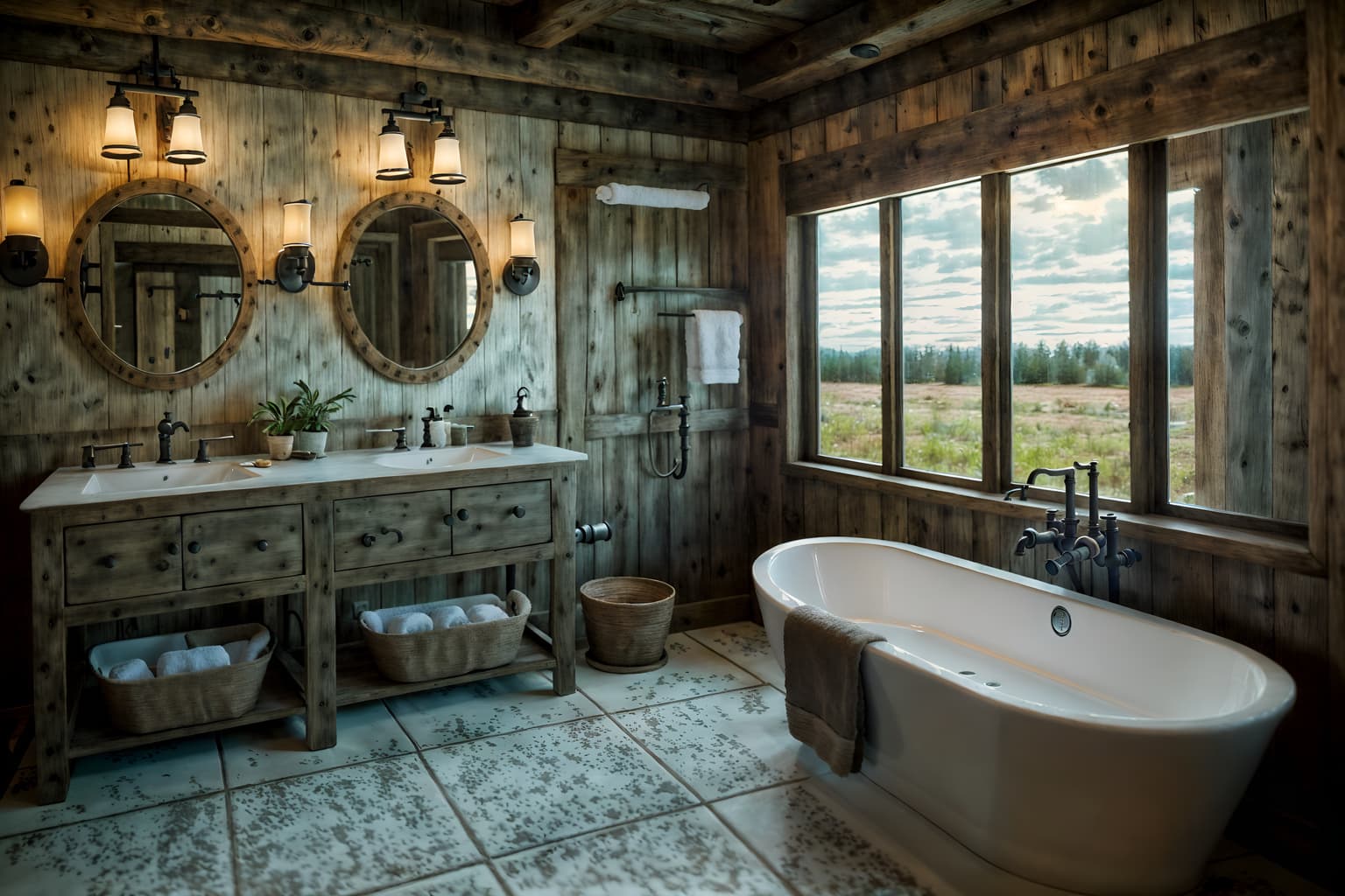 rustic-style (hotel bathroom interior) with toilet seat and bathroom sink with faucet and shower and mirror and bathtub and plant and bath towel and bathroom cabinet. . with . . cinematic photo, highly detailed, cinematic lighting, ultra-detailed, ultrarealistic, photorealism, 8k. rustic interior design style. masterpiece, cinematic light, ultrarealistic+, photorealistic+, 8k, raw photo, realistic, sharp focus on eyes, (symmetrical eyes), (intact eyes), hyperrealistic, highest quality, best quality, , highly detailed, masterpiece, best quality, extremely detailed 8k wallpaper, masterpiece, best quality, ultra-detailed, best shadow, detailed background, detailed face, detailed eyes, high contrast, best illumination, detailed face, dulux, caustic, dynamic angle, detailed glow. dramatic lighting. highly detailed, insanely detailed hair, symmetrical, intricate details, professionally retouched, 8k high definition. strong bokeh. award winning photo.