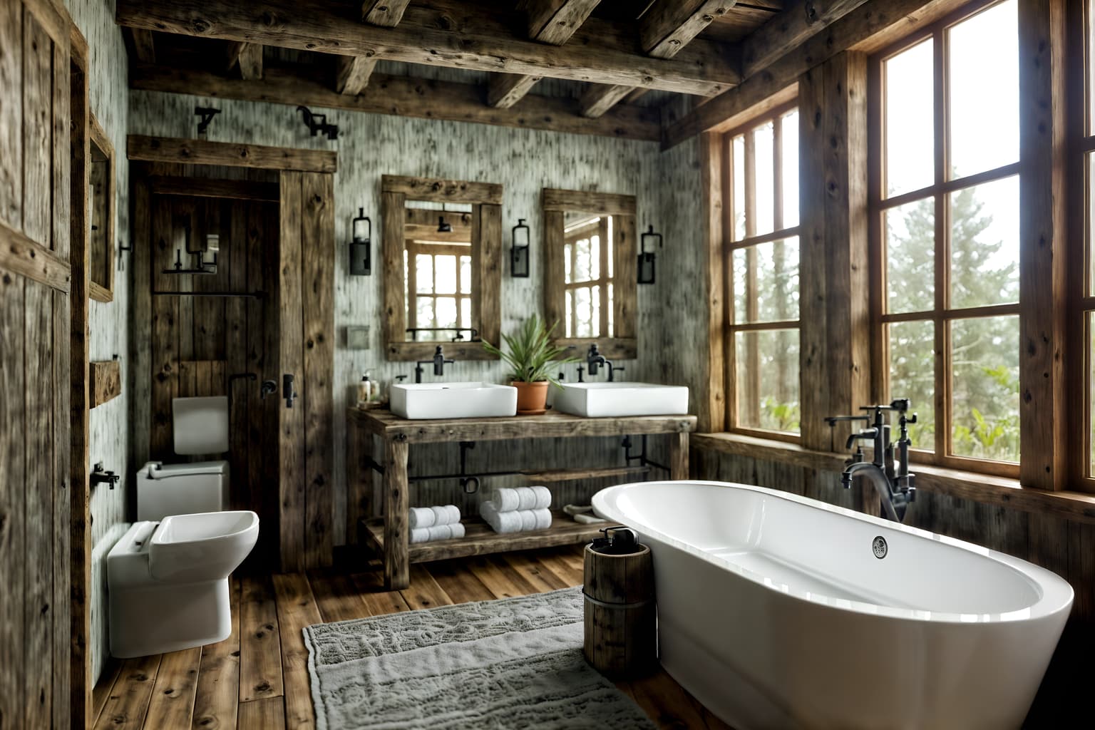rustic-style (hotel bathroom interior) with toilet seat and bathroom sink with faucet and shower and mirror and bathtub and plant and bath towel and bathroom cabinet. . with . . cinematic photo, highly detailed, cinematic lighting, ultra-detailed, ultrarealistic, photorealism, 8k. rustic interior design style. masterpiece, cinematic light, ultrarealistic+, photorealistic+, 8k, raw photo, realistic, sharp focus on eyes, (symmetrical eyes), (intact eyes), hyperrealistic, highest quality, best quality, , highly detailed, masterpiece, best quality, extremely detailed 8k wallpaper, masterpiece, best quality, ultra-detailed, best shadow, detailed background, detailed face, detailed eyes, high contrast, best illumination, detailed face, dulux, caustic, dynamic angle, detailed glow. dramatic lighting. highly detailed, insanely detailed hair, symmetrical, intricate details, professionally retouched, 8k high definition. strong bokeh. award winning photo.