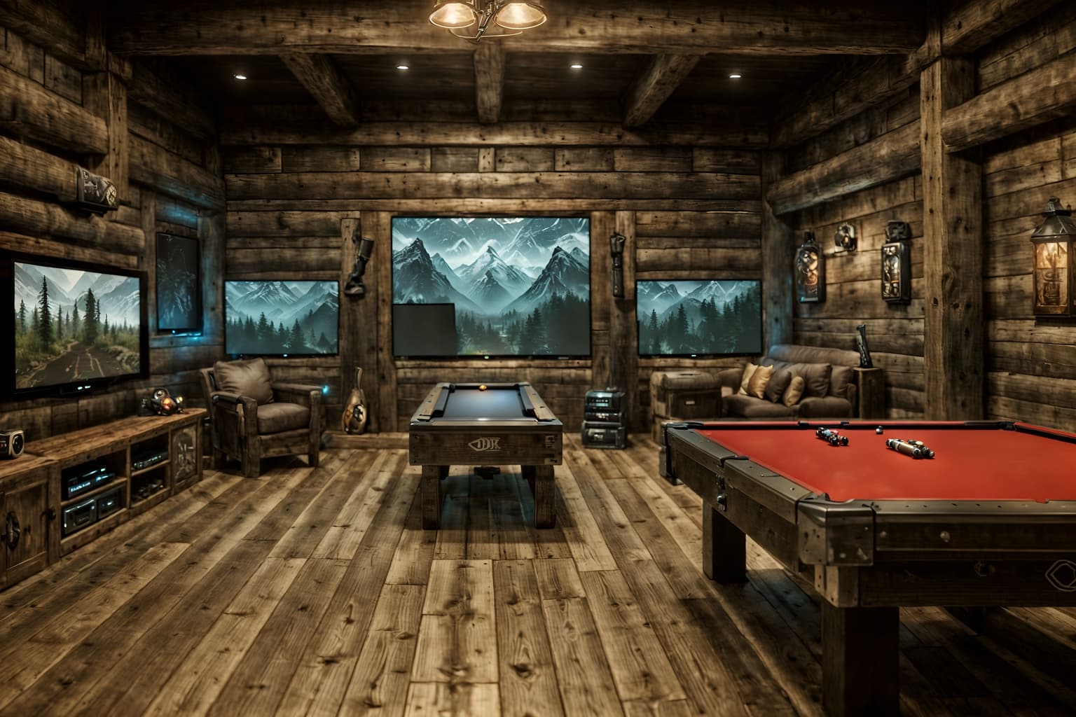 rustic-style (gaming room interior) . with . . cinematic photo, highly detailed, cinematic lighting, ultra-detailed, ultrarealistic, photorealism, 8k. rustic interior design style. masterpiece, cinematic light, ultrarealistic+, photorealistic+, 8k, raw photo, realistic, sharp focus on eyes, (symmetrical eyes), (intact eyes), hyperrealistic, highest quality, best quality, , highly detailed, masterpiece, best quality, extremely detailed 8k wallpaper, masterpiece, best quality, ultra-detailed, best shadow, detailed background, detailed face, detailed eyes, high contrast, best illumination, detailed face, dulux, caustic, dynamic angle, detailed glow. dramatic lighting. highly detailed, insanely detailed hair, symmetrical, intricate details, professionally retouched, 8k high definition. strong bokeh. award winning photo.