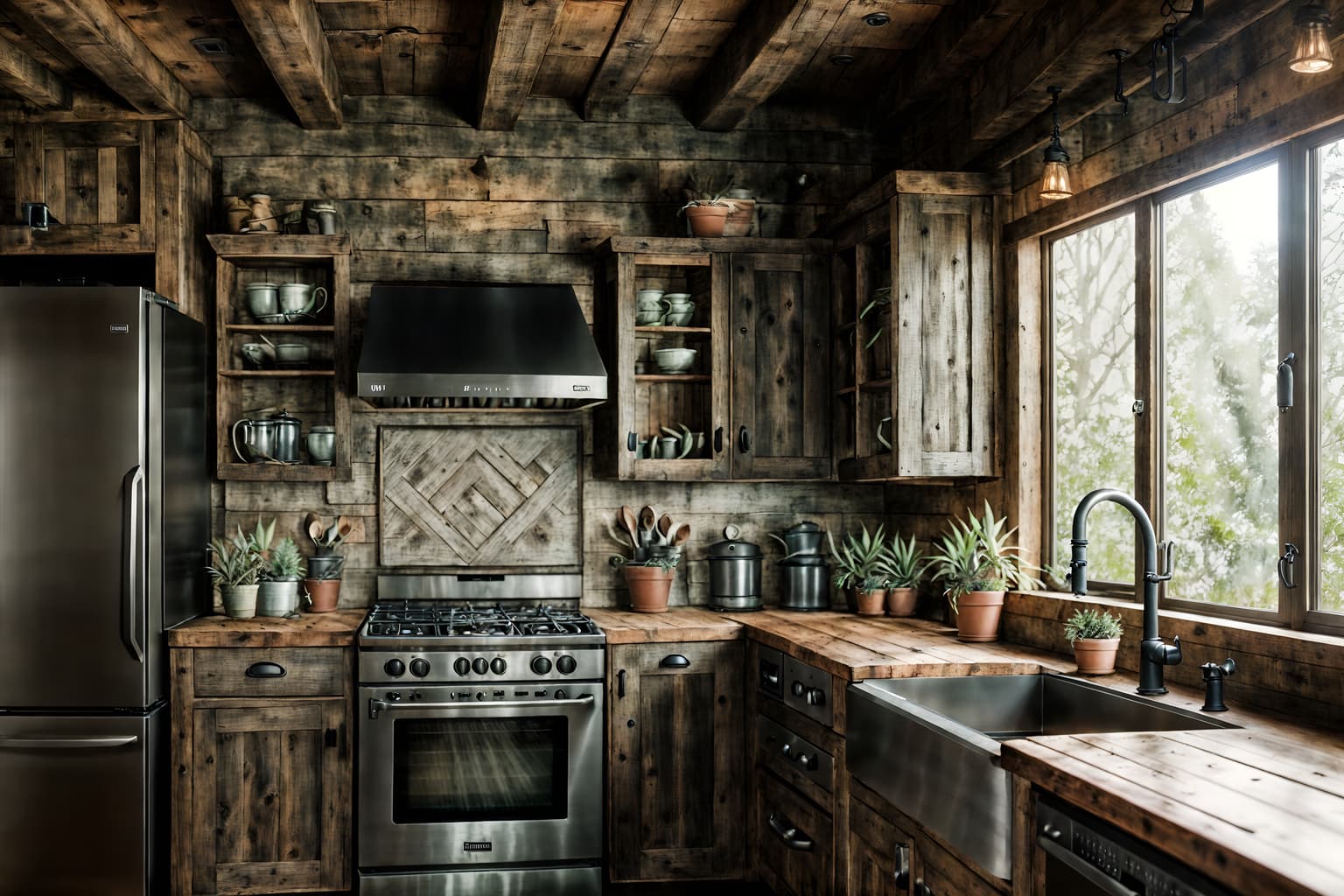 rustic-style (kitchen interior) with plant and worktops and stove and refrigerator and sink and kitchen cabinets and plant. . with . . cinematic photo, highly detailed, cinematic lighting, ultra-detailed, ultrarealistic, photorealism, 8k. rustic interior design style. masterpiece, cinematic light, ultrarealistic+, photorealistic+, 8k, raw photo, realistic, sharp focus on eyes, (symmetrical eyes), (intact eyes), hyperrealistic, highest quality, best quality, , highly detailed, masterpiece, best quality, extremely detailed 8k wallpaper, masterpiece, best quality, ultra-detailed, best shadow, detailed background, detailed face, detailed eyes, high contrast, best illumination, detailed face, dulux, caustic, dynamic angle, detailed glow. dramatic lighting. highly detailed, insanely detailed hair, symmetrical, intricate details, professionally retouched, 8k high definition. strong bokeh. award winning photo.