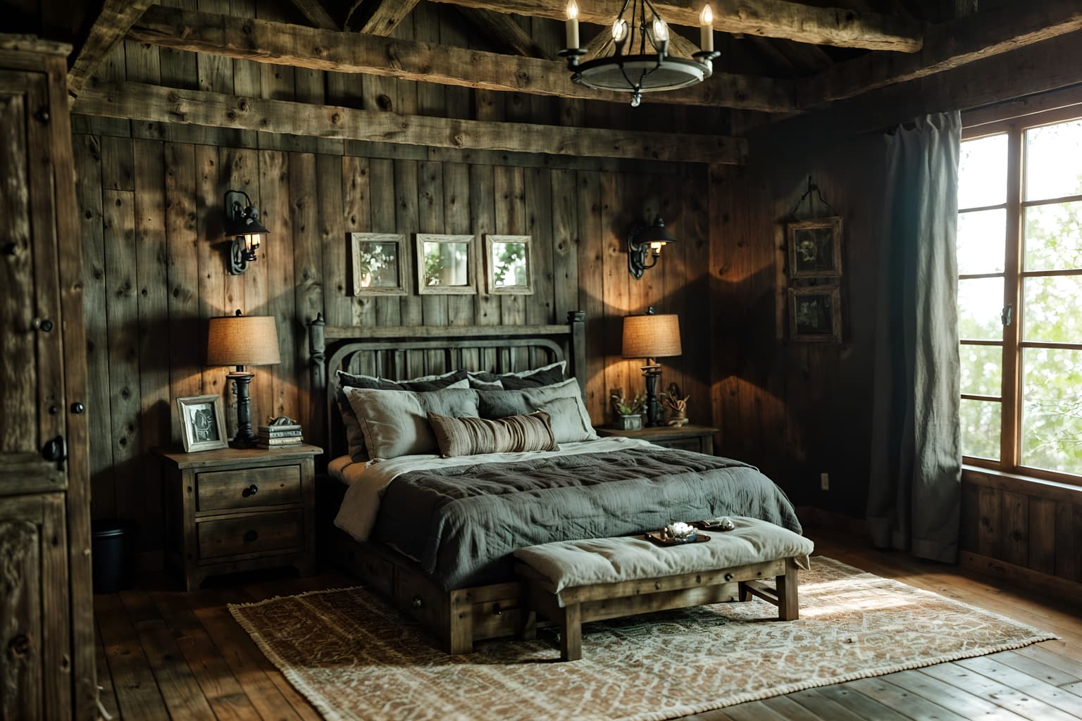 rustic-style (bedroom interior) with mirror and night light and bedside table or night stand and storage bench or ottoman and dresser closet and plant and accent chair and bed. . with . . cinematic photo, highly detailed, cinematic lighting, ultra-detailed, ultrarealistic, photorealism, 8k. rustic interior design style. masterpiece, cinematic light, ultrarealistic+, photorealistic+, 8k, raw photo, realistic, sharp focus on eyes, (symmetrical eyes), (intact eyes), hyperrealistic, highest quality, best quality, , highly detailed, masterpiece, best quality, extremely detailed 8k wallpaper, masterpiece, best quality, ultra-detailed, best shadow, detailed background, detailed face, detailed eyes, high contrast, best illumination, detailed face, dulux, caustic, dynamic angle, detailed glow. dramatic lighting. highly detailed, insanely detailed hair, symmetrical, intricate details, professionally retouched, 8k high definition. strong bokeh. award winning photo.