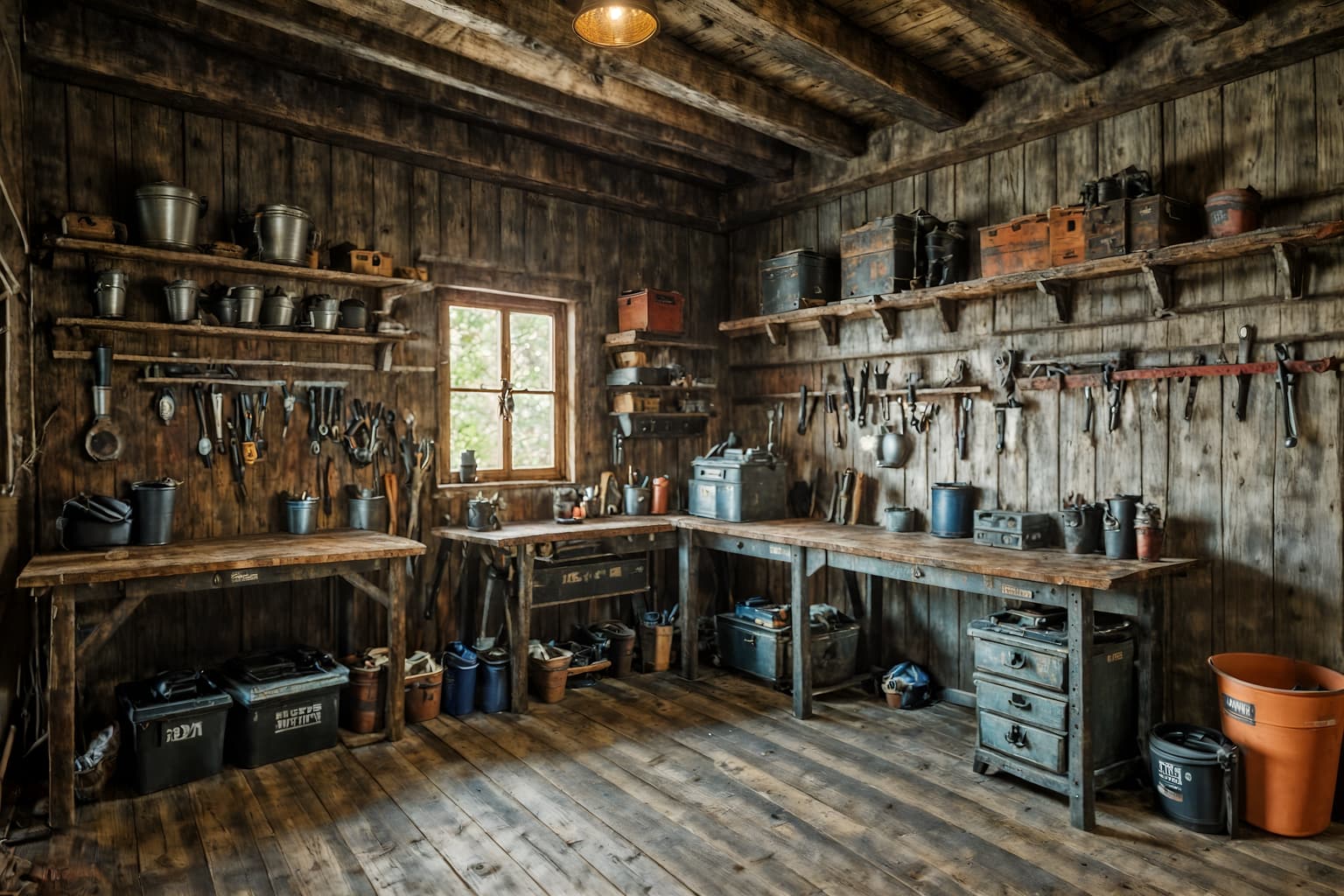 rustic-style (workshop interior) with tool wall and messy and wooden workbench and tool wall. . with . . cinematic photo, highly detailed, cinematic lighting, ultra-detailed, ultrarealistic, photorealism, 8k. rustic interior design style. masterpiece, cinematic light, ultrarealistic+, photorealistic+, 8k, raw photo, realistic, sharp focus on eyes, (symmetrical eyes), (intact eyes), hyperrealistic, highest quality, best quality, , highly detailed, masterpiece, best quality, extremely detailed 8k wallpaper, masterpiece, best quality, ultra-detailed, best shadow, detailed background, detailed face, detailed eyes, high contrast, best illumination, detailed face, dulux, caustic, dynamic angle, detailed glow. dramatic lighting. highly detailed, insanely detailed hair, symmetrical, intricate details, professionally retouched, 8k high definition. strong bokeh. award winning photo.