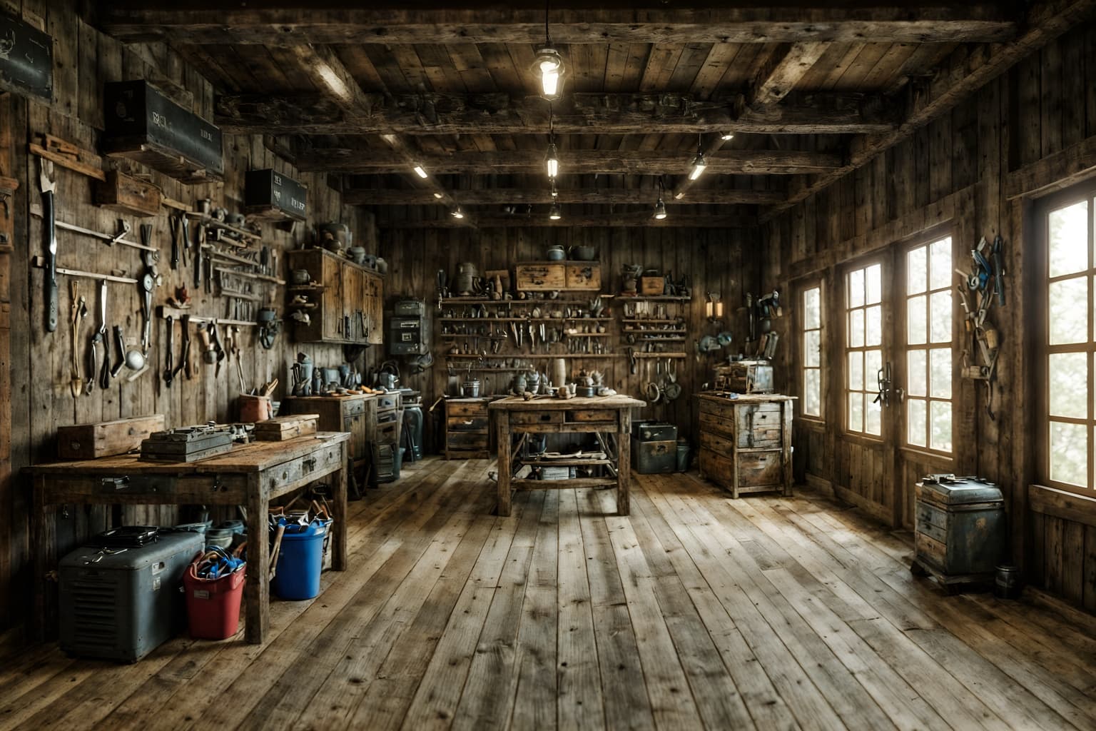 rustic-style (workshop interior) with tool wall and messy and wooden workbench and tool wall. . with . . cinematic photo, highly detailed, cinematic lighting, ultra-detailed, ultrarealistic, photorealism, 8k. rustic interior design style. masterpiece, cinematic light, ultrarealistic+, photorealistic+, 8k, raw photo, realistic, sharp focus on eyes, (symmetrical eyes), (intact eyes), hyperrealistic, highest quality, best quality, , highly detailed, masterpiece, best quality, extremely detailed 8k wallpaper, masterpiece, best quality, ultra-detailed, best shadow, detailed background, detailed face, detailed eyes, high contrast, best illumination, detailed face, dulux, caustic, dynamic angle, detailed glow. dramatic lighting. highly detailed, insanely detailed hair, symmetrical, intricate details, professionally retouched, 8k high definition. strong bokeh. award winning photo.