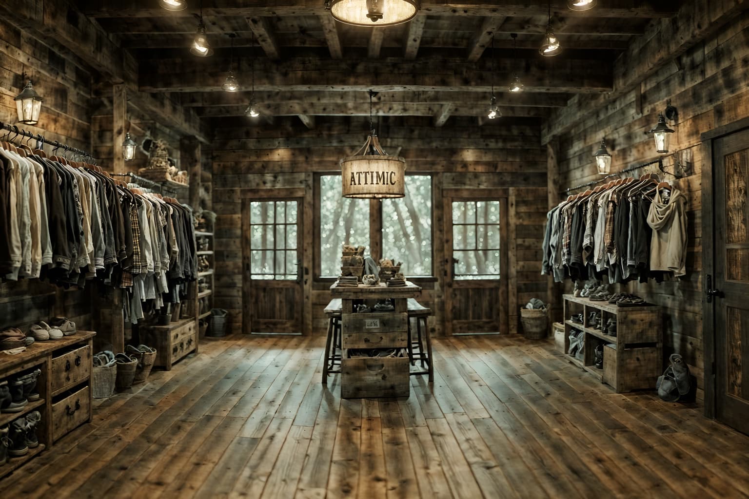 rustic-style (clothing store interior) . with . . cinematic photo, highly detailed, cinematic lighting, ultra-detailed, ultrarealistic, photorealism, 8k. rustic interior design style. masterpiece, cinematic light, ultrarealistic+, photorealistic+, 8k, raw photo, realistic, sharp focus on eyes, (symmetrical eyes), (intact eyes), hyperrealistic, highest quality, best quality, , highly detailed, masterpiece, best quality, extremely detailed 8k wallpaper, masterpiece, best quality, ultra-detailed, best shadow, detailed background, detailed face, detailed eyes, high contrast, best illumination, detailed face, dulux, caustic, dynamic angle, detailed glow. dramatic lighting. highly detailed, insanely detailed hair, symmetrical, intricate details, professionally retouched, 8k high definition. strong bokeh. award winning photo.