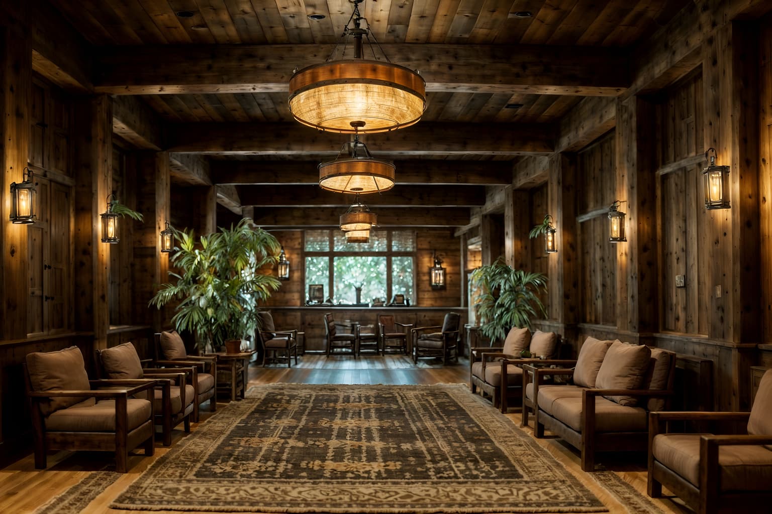 rustic-style (hotel lobby interior) with coffee tables and sofas and check in desk and rug and hanging lamps and lounge chairs and plant and furniture. . with . . cinematic photo, highly detailed, cinematic lighting, ultra-detailed, ultrarealistic, photorealism, 8k. rustic interior design style. masterpiece, cinematic light, ultrarealistic+, photorealistic+, 8k, raw photo, realistic, sharp focus on eyes, (symmetrical eyes), (intact eyes), hyperrealistic, highest quality, best quality, , highly detailed, masterpiece, best quality, extremely detailed 8k wallpaper, masterpiece, best quality, ultra-detailed, best shadow, detailed background, detailed face, detailed eyes, high contrast, best illumination, detailed face, dulux, caustic, dynamic angle, detailed glow. dramatic lighting. highly detailed, insanely detailed hair, symmetrical, intricate details, professionally retouched, 8k high definition. strong bokeh. award winning photo.