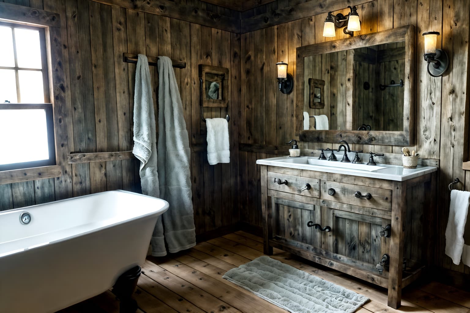 rustic-style (bathroom interior) with bathroom sink with faucet and bath rail and bath towel and shower and toilet seat and mirror and bathroom cabinet and bathtub. . with . . cinematic photo, highly detailed, cinematic lighting, ultra-detailed, ultrarealistic, photorealism, 8k. rustic interior design style. masterpiece, cinematic light, ultrarealistic+, photorealistic+, 8k, raw photo, realistic, sharp focus on eyes, (symmetrical eyes), (intact eyes), hyperrealistic, highest quality, best quality, , highly detailed, masterpiece, best quality, extremely detailed 8k wallpaper, masterpiece, best quality, ultra-detailed, best shadow, detailed background, detailed face, detailed eyes, high contrast, best illumination, detailed face, dulux, caustic, dynamic angle, detailed glow. dramatic lighting. highly detailed, insanely detailed hair, symmetrical, intricate details, professionally retouched, 8k high definition. strong bokeh. award winning photo.