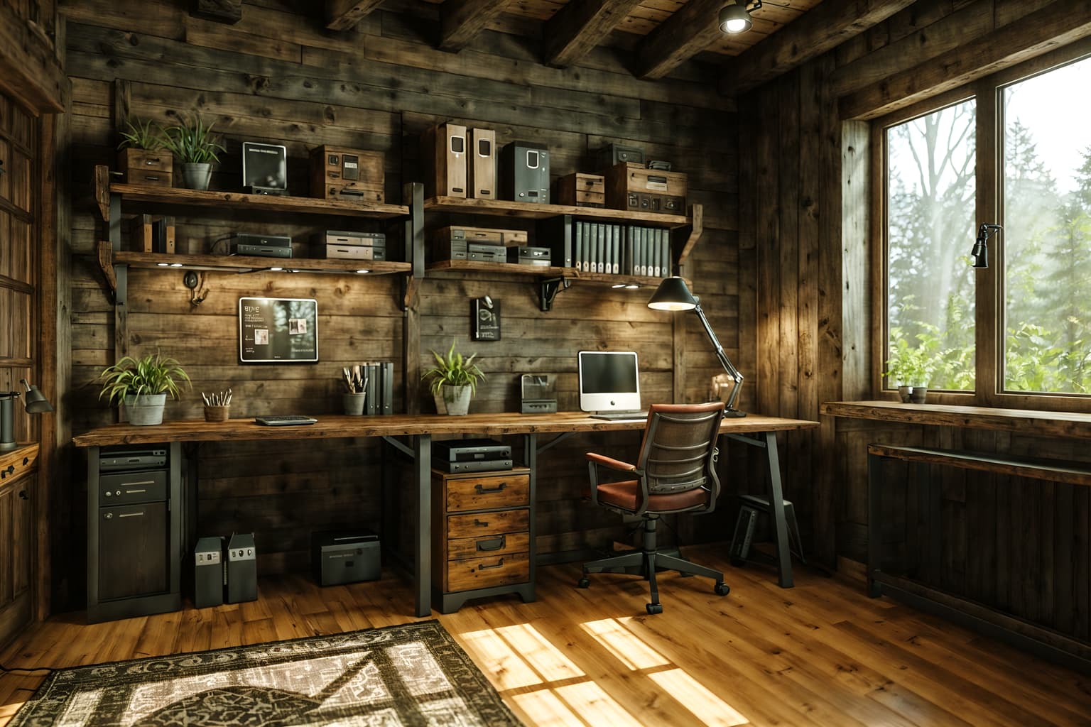 rustic-style (home office interior) with computer desk and office chair and desk lamp and plant and cabinets and computer desk. . with . . cinematic photo, highly detailed, cinematic lighting, ultra-detailed, ultrarealistic, photorealism, 8k. rustic interior design style. masterpiece, cinematic light, ultrarealistic+, photorealistic+, 8k, raw photo, realistic, sharp focus on eyes, (symmetrical eyes), (intact eyes), hyperrealistic, highest quality, best quality, , highly detailed, masterpiece, best quality, extremely detailed 8k wallpaper, masterpiece, best quality, ultra-detailed, best shadow, detailed background, detailed face, detailed eyes, high contrast, best illumination, detailed face, dulux, caustic, dynamic angle, detailed glow. dramatic lighting. highly detailed, insanely detailed hair, symmetrical, intricate details, professionally retouched, 8k high definition. strong bokeh. award winning photo.