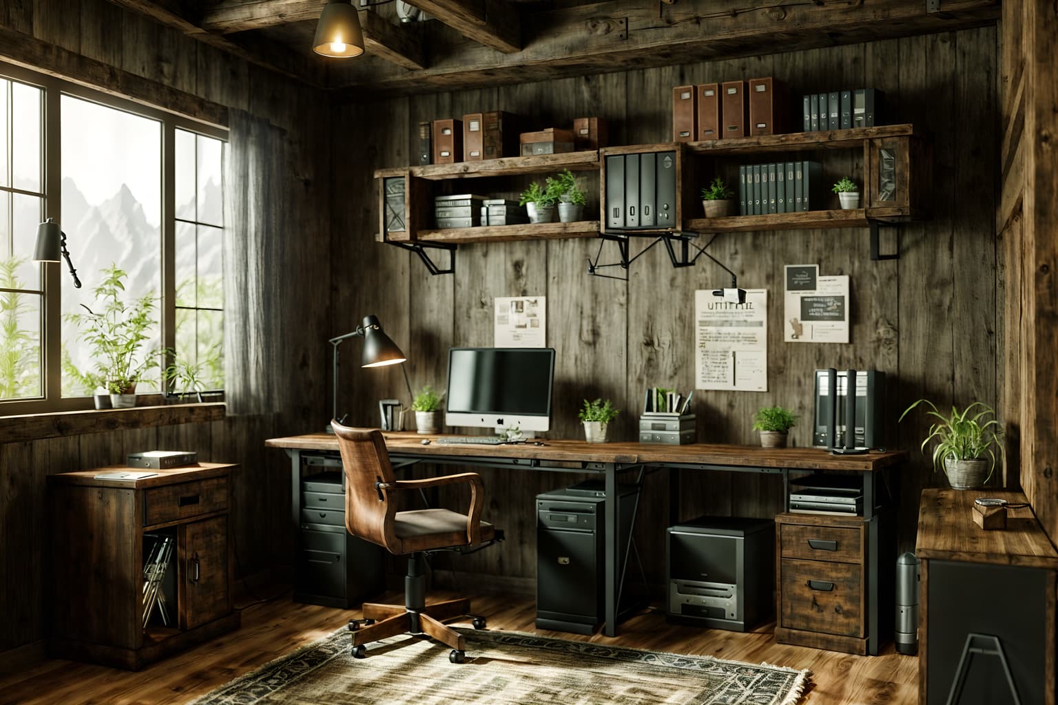 rustic-style (home office interior) with computer desk and office chair and desk lamp and plant and cabinets and computer desk. . with . . cinematic photo, highly detailed, cinematic lighting, ultra-detailed, ultrarealistic, photorealism, 8k. rustic interior design style. masterpiece, cinematic light, ultrarealistic+, photorealistic+, 8k, raw photo, realistic, sharp focus on eyes, (symmetrical eyes), (intact eyes), hyperrealistic, highest quality, best quality, , highly detailed, masterpiece, best quality, extremely detailed 8k wallpaper, masterpiece, best quality, ultra-detailed, best shadow, detailed background, detailed face, detailed eyes, high contrast, best illumination, detailed face, dulux, caustic, dynamic angle, detailed glow. dramatic lighting. highly detailed, insanely detailed hair, symmetrical, intricate details, professionally retouched, 8k high definition. strong bokeh. award winning photo.