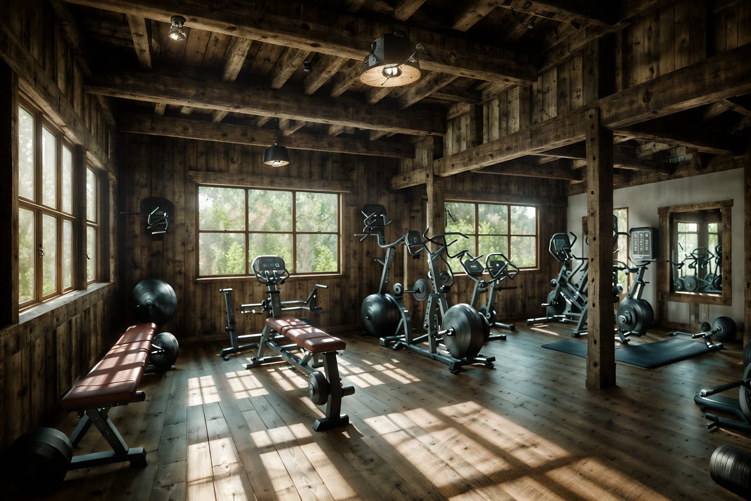rustic-style (fitness gym interior) with dumbbell stand and exercise bicycle and crosstrainer and squat rack and bench press and dumbbell stand. . with . . cinematic photo, highly detailed, cinematic lighting, ultra-detailed, ultrarealistic, photorealism, 8k. rustic interior design style. masterpiece, cinematic light, ultrarealistic+, photorealistic+, 8k, raw photo, realistic, sharp focus on eyes, (symmetrical eyes), (intact eyes), hyperrealistic, highest quality, best quality, , highly detailed, masterpiece, best quality, extremely detailed 8k wallpaper, masterpiece, best quality, ultra-detailed, best shadow, detailed background, detailed face, detailed eyes, high contrast, best illumination, detailed face, dulux, caustic, dynamic angle, detailed glow. dramatic lighting. highly detailed, insanely detailed hair, symmetrical, intricate details, professionally retouched, 8k high definition. strong bokeh. award winning photo.