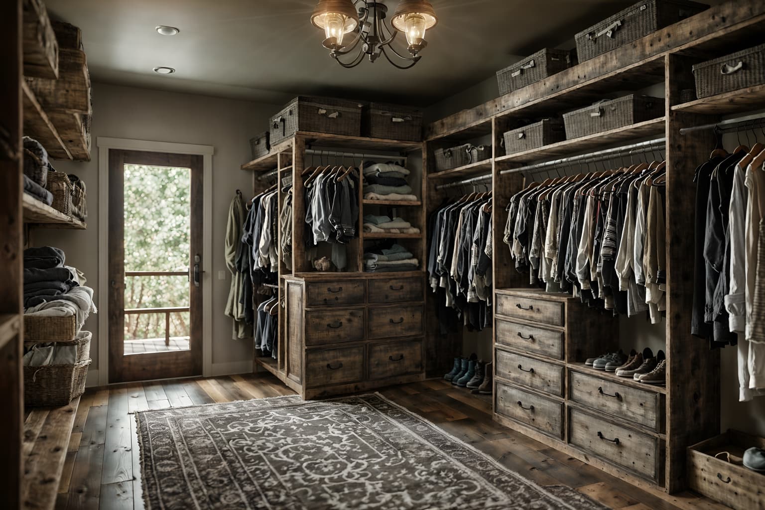 rustic-style (walk in closet interior) . with . . cinematic photo, highly detailed, cinematic lighting, ultra-detailed, ultrarealistic, photorealism, 8k. rustic interior design style. masterpiece, cinematic light, ultrarealistic+, photorealistic+, 8k, raw photo, realistic, sharp focus on eyes, (symmetrical eyes), (intact eyes), hyperrealistic, highest quality, best quality, , highly detailed, masterpiece, best quality, extremely detailed 8k wallpaper, masterpiece, best quality, ultra-detailed, best shadow, detailed background, detailed face, detailed eyes, high contrast, best illumination, detailed face, dulux, caustic, dynamic angle, detailed glow. dramatic lighting. highly detailed, insanely detailed hair, symmetrical, intricate details, professionally retouched, 8k high definition. strong bokeh. award winning photo.