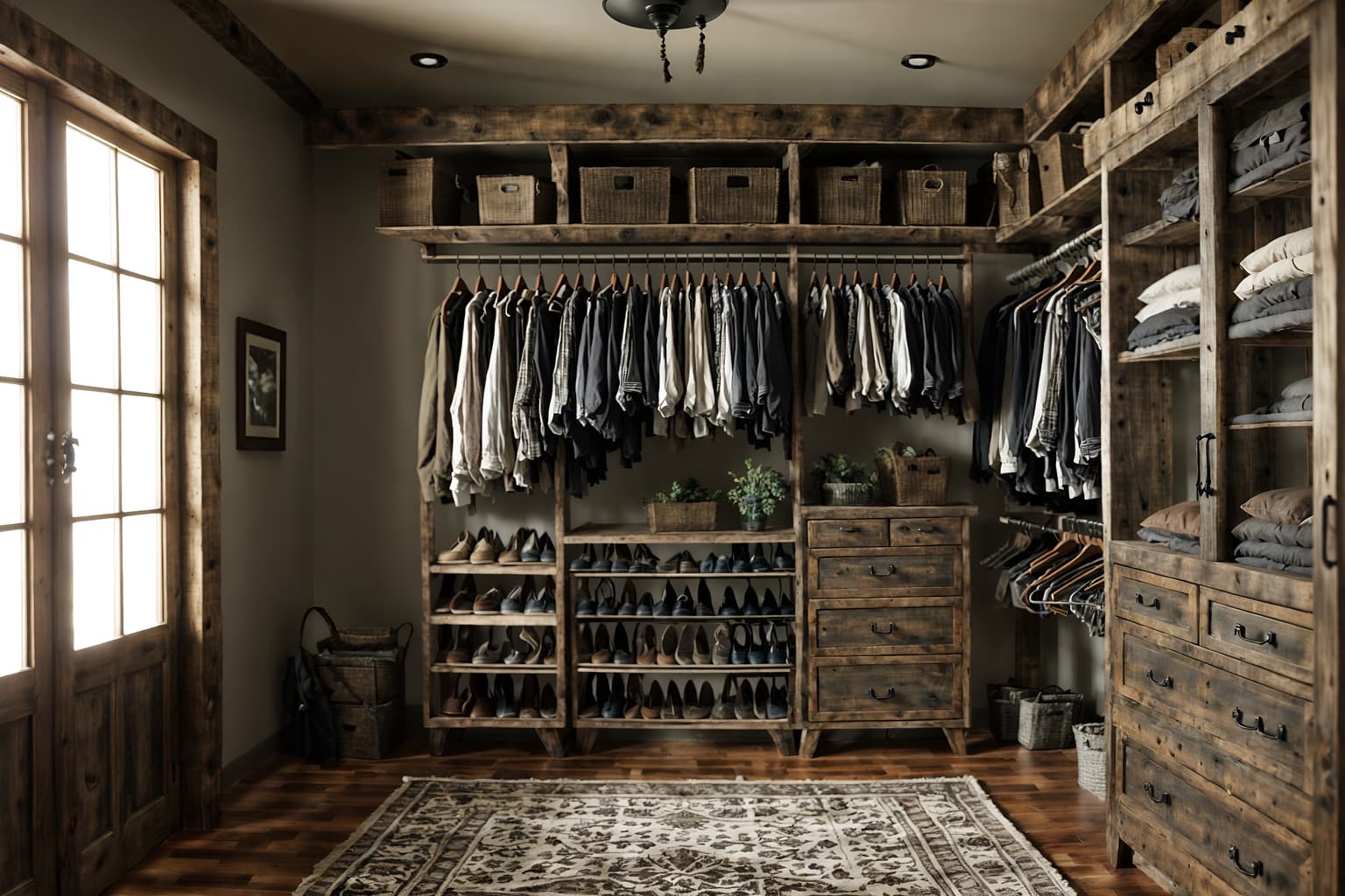 rustic-style (walk in closet interior) . with . . cinematic photo, highly detailed, cinematic lighting, ultra-detailed, ultrarealistic, photorealism, 8k. rustic interior design style. masterpiece, cinematic light, ultrarealistic+, photorealistic+, 8k, raw photo, realistic, sharp focus on eyes, (symmetrical eyes), (intact eyes), hyperrealistic, highest quality, best quality, , highly detailed, masterpiece, best quality, extremely detailed 8k wallpaper, masterpiece, best quality, ultra-detailed, best shadow, detailed background, detailed face, detailed eyes, high contrast, best illumination, detailed face, dulux, caustic, dynamic angle, detailed glow. dramatic lighting. highly detailed, insanely detailed hair, symmetrical, intricate details, professionally retouched, 8k high definition. strong bokeh. award winning photo.