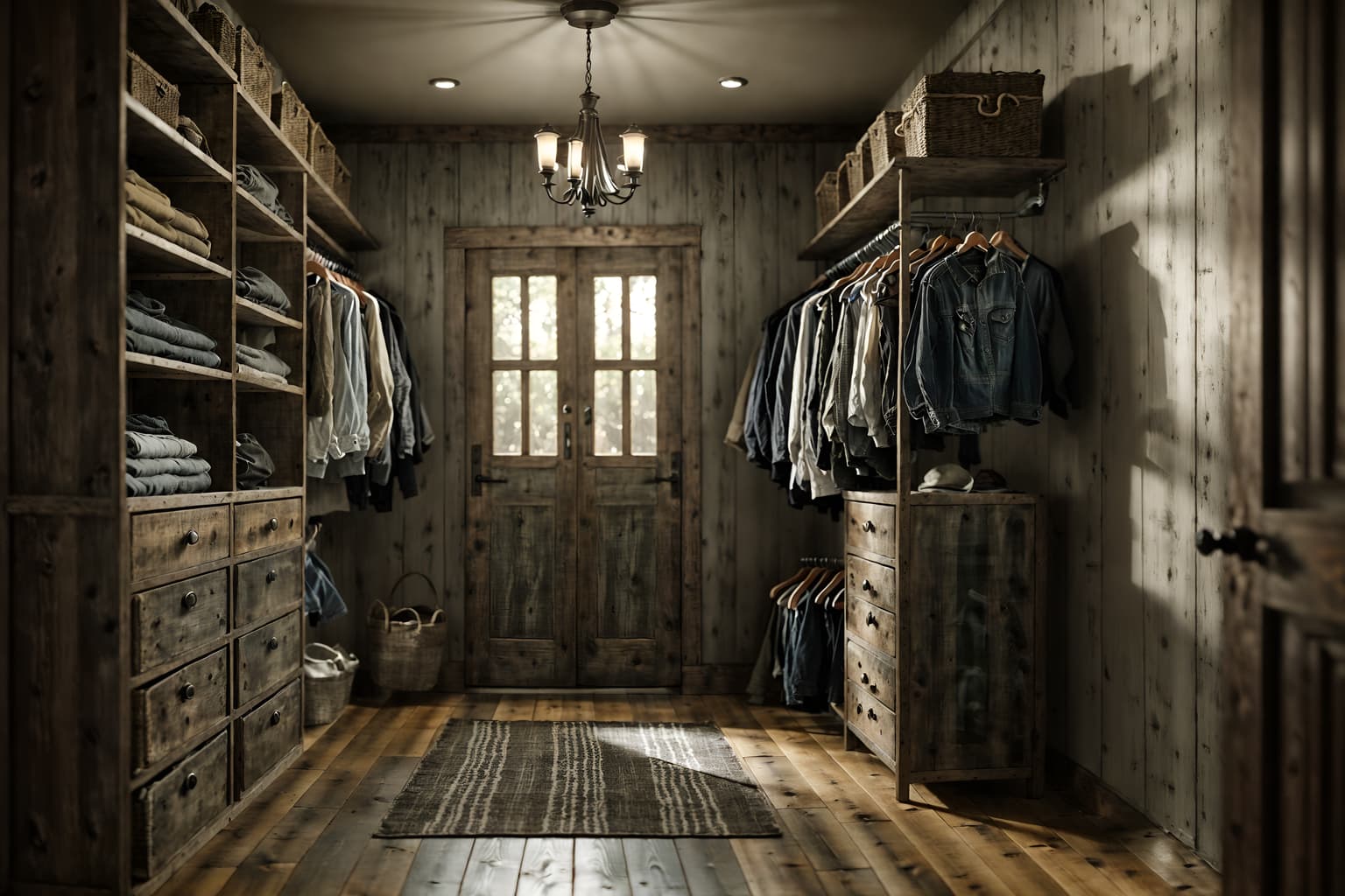 rustic-style (walk in closet interior) . with . . cinematic photo, highly detailed, cinematic lighting, ultra-detailed, ultrarealistic, photorealism, 8k. rustic interior design style. masterpiece, cinematic light, ultrarealistic+, photorealistic+, 8k, raw photo, realistic, sharp focus on eyes, (symmetrical eyes), (intact eyes), hyperrealistic, highest quality, best quality, , highly detailed, masterpiece, best quality, extremely detailed 8k wallpaper, masterpiece, best quality, ultra-detailed, best shadow, detailed background, detailed face, detailed eyes, high contrast, best illumination, detailed face, dulux, caustic, dynamic angle, detailed glow. dramatic lighting. highly detailed, insanely detailed hair, symmetrical, intricate details, professionally retouched, 8k high definition. strong bokeh. award winning photo.