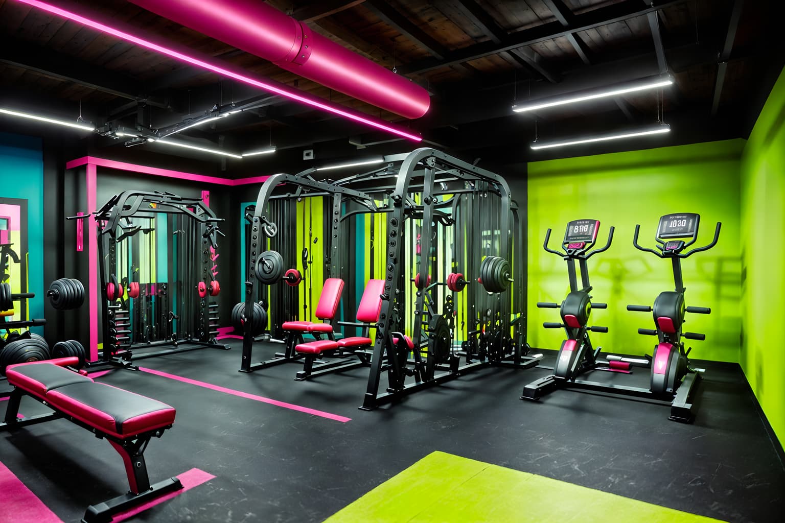 maximalist-style (fitness gym interior) with crosstrainer and exercise bicycle and dumbbell stand and squat rack and bench press and crosstrainer. . with vibrant and bold colors and more is more philosophy and eye-catching and bold design and over-the-top aesthetic and playful and bold creativity. . cinematic photo, highly detailed, cinematic lighting, ultra-detailed, ultrarealistic, photorealism, 8k. maximalist interior design style. masterpiece, cinematic light, ultrarealistic+, photorealistic+, 8k, raw photo, realistic, sharp focus on eyes, (symmetrical eyes), (intact eyes), hyperrealistic, highest quality, best quality, , highly detailed, masterpiece, best quality, extremely detailed 8k wallpaper, masterpiece, best quality, ultra-detailed, best shadow, detailed background, detailed face, detailed eyes, high contrast, best illumination, detailed face, dulux, caustic, dynamic angle, detailed glow. dramatic lighting. highly detailed, insanely detailed hair, symmetrical, intricate details, professionally retouched, 8k high definition. strong bokeh. award winning photo.