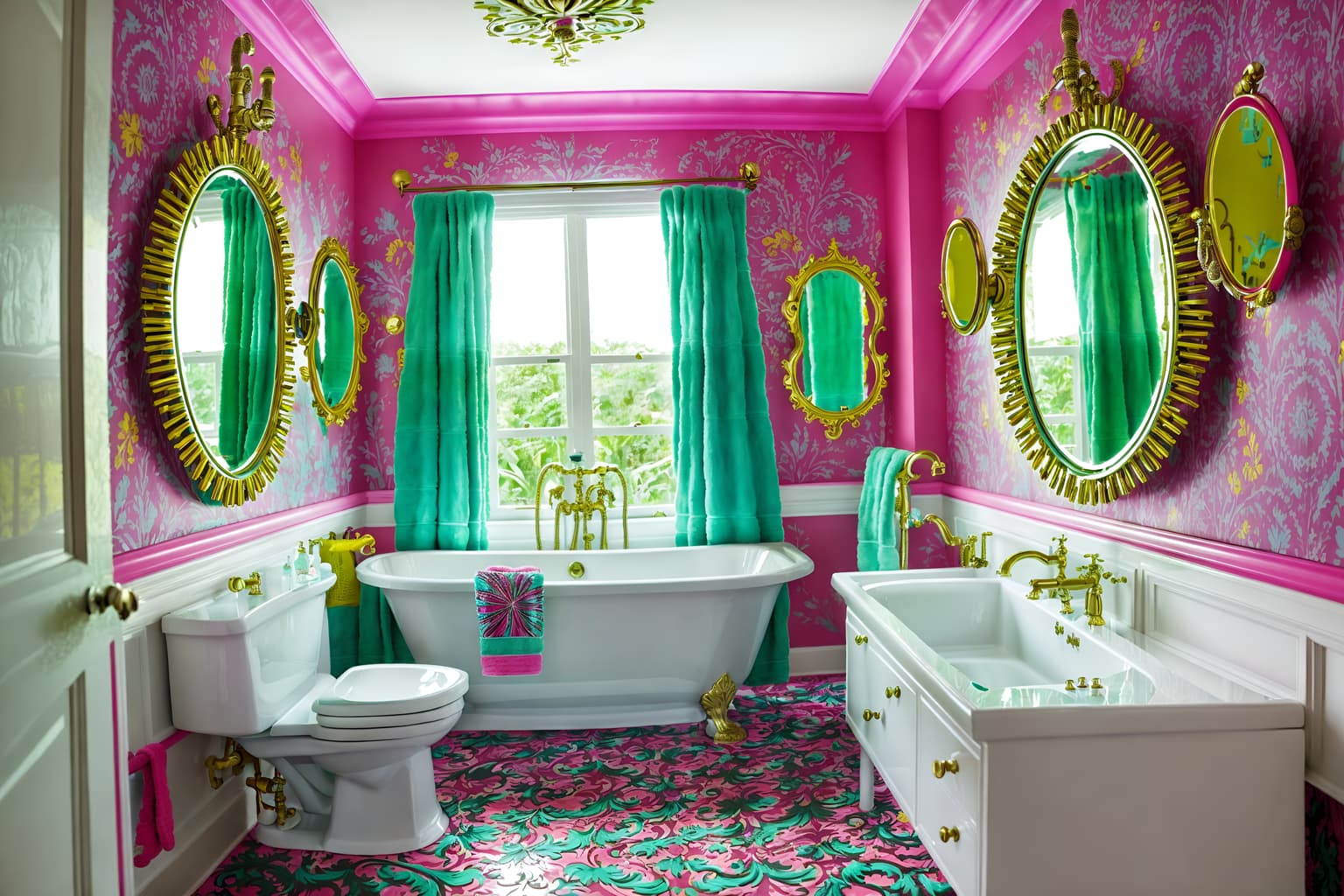 maximalist-style (hotel bathroom interior) with bathtub and bathroom cabinet and bath towel and waste basket and bath rail and mirror and shower and bathroom sink with faucet. . with bold design and eye-catching and bold colors and bold creativity and over-the-top aesthetic and more is more philosophy and vibrant and bold patterns. . cinematic photo, highly detailed, cinematic lighting, ultra-detailed, ultrarealistic, photorealism, 8k. maximalist interior design style. masterpiece, cinematic light, ultrarealistic+, photorealistic+, 8k, raw photo, realistic, sharp focus on eyes, (symmetrical eyes), (intact eyes), hyperrealistic, highest quality, best quality, , highly detailed, masterpiece, best quality, extremely detailed 8k wallpaper, masterpiece, best quality, ultra-detailed, best shadow, detailed background, detailed face, detailed eyes, high contrast, best illumination, detailed face, dulux, caustic, dynamic angle, detailed glow. dramatic lighting. highly detailed, insanely detailed hair, symmetrical, intricate details, professionally retouched, 8k high definition. strong bokeh. award winning photo.