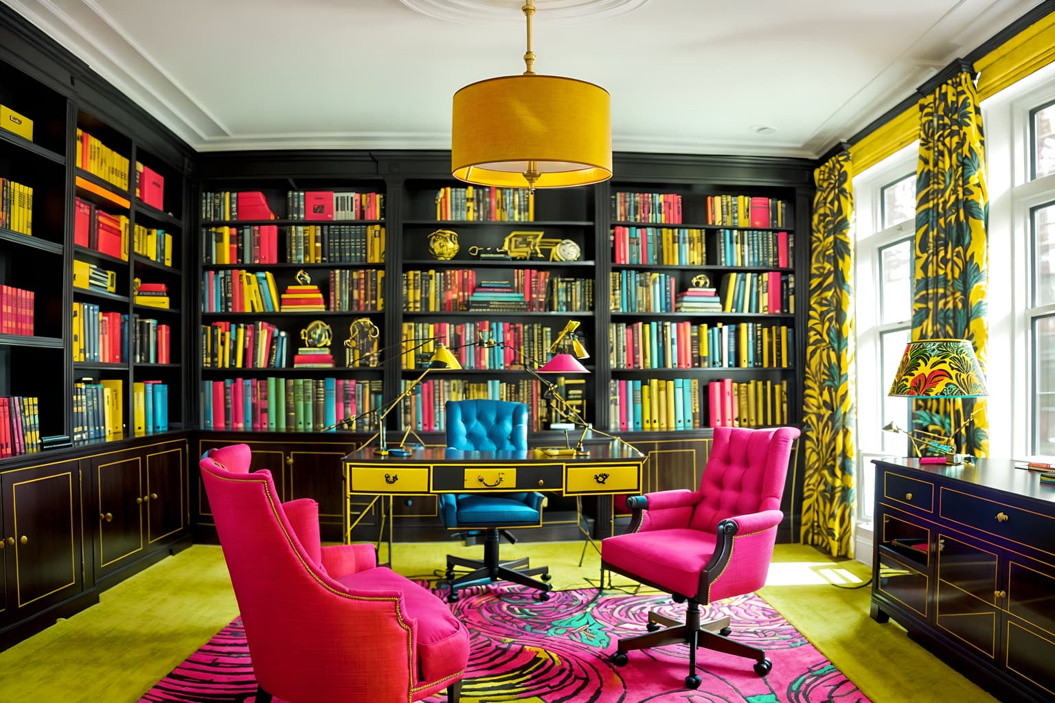 maximalist-style (study room interior) with desk lamp and bookshelves and cabinets and office chair and lounge chair and plant and writing desk and desk lamp. . with bold patterns and bold design and eye-catching and bold colors and vibrant and bold creativity and playful and more is more philosophy. . cinematic photo, highly detailed, cinematic lighting, ultra-detailed, ultrarealistic, photorealism, 8k. maximalist interior design style. masterpiece, cinematic light, ultrarealistic+, photorealistic+, 8k, raw photo, realistic, sharp focus on eyes, (symmetrical eyes), (intact eyes), hyperrealistic, highest quality, best quality, , highly detailed, masterpiece, best quality, extremely detailed 8k wallpaper, masterpiece, best quality, ultra-detailed, best shadow, detailed background, detailed face, detailed eyes, high contrast, best illumination, detailed face, dulux, caustic, dynamic angle, detailed glow. dramatic lighting. highly detailed, insanely detailed hair, symmetrical, intricate details, professionally retouched, 8k high definition. strong bokeh. award winning photo.