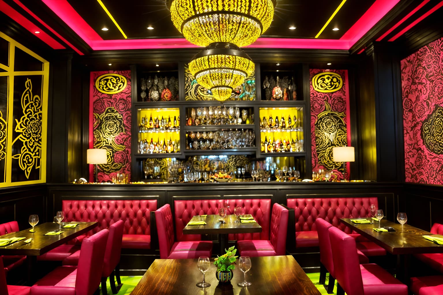 maximalist-style (restaurant interior) with restaurant decor and restaurant chairs and restaurant bar and restaurant dining tables and restaurant decor. . with eye-catching and more is more philosophy and bold creativity and bold colors and vibrant and bold patterns and bold design and over-the-top aesthetic. . cinematic photo, highly detailed, cinematic lighting, ultra-detailed, ultrarealistic, photorealism, 8k. maximalist interior design style. masterpiece, cinematic light, ultrarealistic+, photorealistic+, 8k, raw photo, realistic, sharp focus on eyes, (symmetrical eyes), (intact eyes), hyperrealistic, highest quality, best quality, , highly detailed, masterpiece, best quality, extremely detailed 8k wallpaper, masterpiece, best quality, ultra-detailed, best shadow, detailed background, detailed face, detailed eyes, high contrast, best illumination, detailed face, dulux, caustic, dynamic angle, detailed glow. dramatic lighting. highly detailed, insanely detailed hair, symmetrical, intricate details, professionally retouched, 8k high definition. strong bokeh. award winning photo.