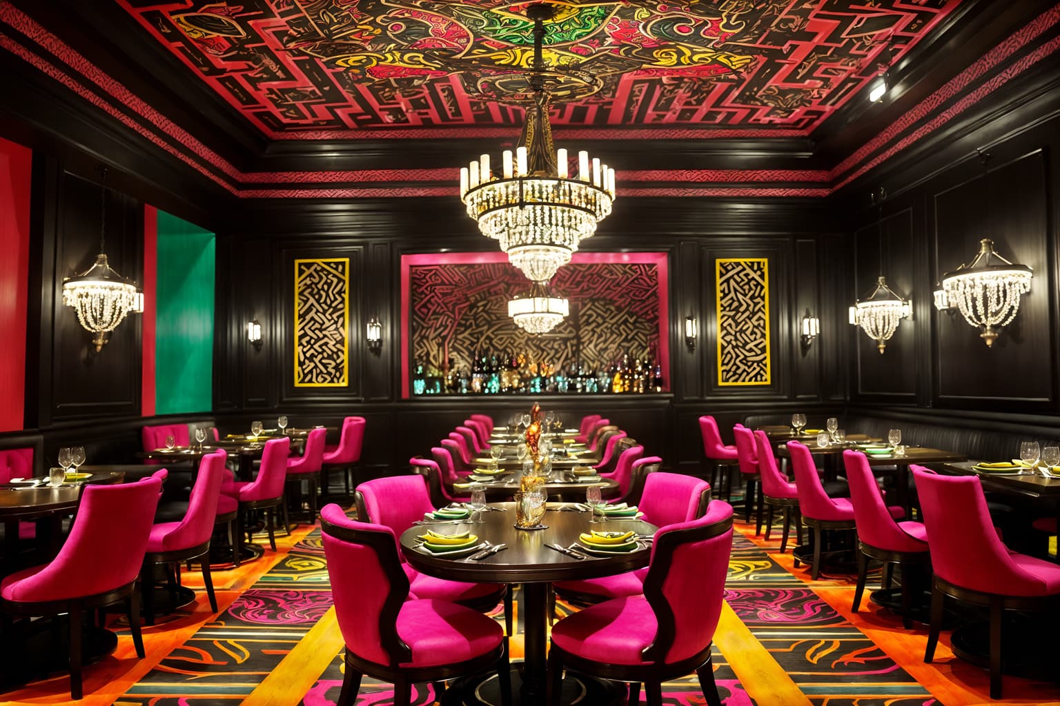 maximalist-style (restaurant interior) with restaurant decor and restaurant chairs and restaurant bar and restaurant dining tables and restaurant decor. . with eye-catching and more is more philosophy and bold creativity and bold colors and vibrant and bold patterns and bold design and over-the-top aesthetic. . cinematic photo, highly detailed, cinematic lighting, ultra-detailed, ultrarealistic, photorealism, 8k. maximalist interior design style. masterpiece, cinematic light, ultrarealistic+, photorealistic+, 8k, raw photo, realistic, sharp focus on eyes, (symmetrical eyes), (intact eyes), hyperrealistic, highest quality, best quality, , highly detailed, masterpiece, best quality, extremely detailed 8k wallpaper, masterpiece, best quality, ultra-detailed, best shadow, detailed background, detailed face, detailed eyes, high contrast, best illumination, detailed face, dulux, caustic, dynamic angle, detailed glow. dramatic lighting. highly detailed, insanely detailed hair, symmetrical, intricate details, professionally retouched, 8k high definition. strong bokeh. award winning photo.