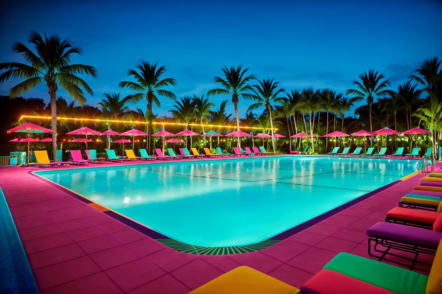 maximalist-style designed (outdoor pool area ) with pool lounge chairs and pool and pool lights and pool lounge chairs. . with playful and vibrant and bold colors and eye-catching and more is more philosophy and over-the-top aesthetic and bold design and bold patterns. . cinematic photo, highly detailed, cinematic lighting, ultra-detailed, ultrarealistic, photorealism, 8k. maximalist design style. masterpiece, cinematic light, ultrarealistic+, photorealistic+, 8k, raw photo, realistic, sharp focus on eyes, (symmetrical eyes), (intact eyes), hyperrealistic, highest quality, best quality, , highly detailed, masterpiece, best quality, extremely detailed 8k wallpaper, masterpiece, best quality, ultra-detailed, best shadow, detailed background, detailed face, detailed eyes, high contrast, best illumination, detailed face, dulux, caustic, dynamic angle, detailed glow. dramatic lighting. highly detailed, insanely detailed hair, symmetrical, intricate details, professionally retouched, 8k high definition. strong bokeh. award winning photo.