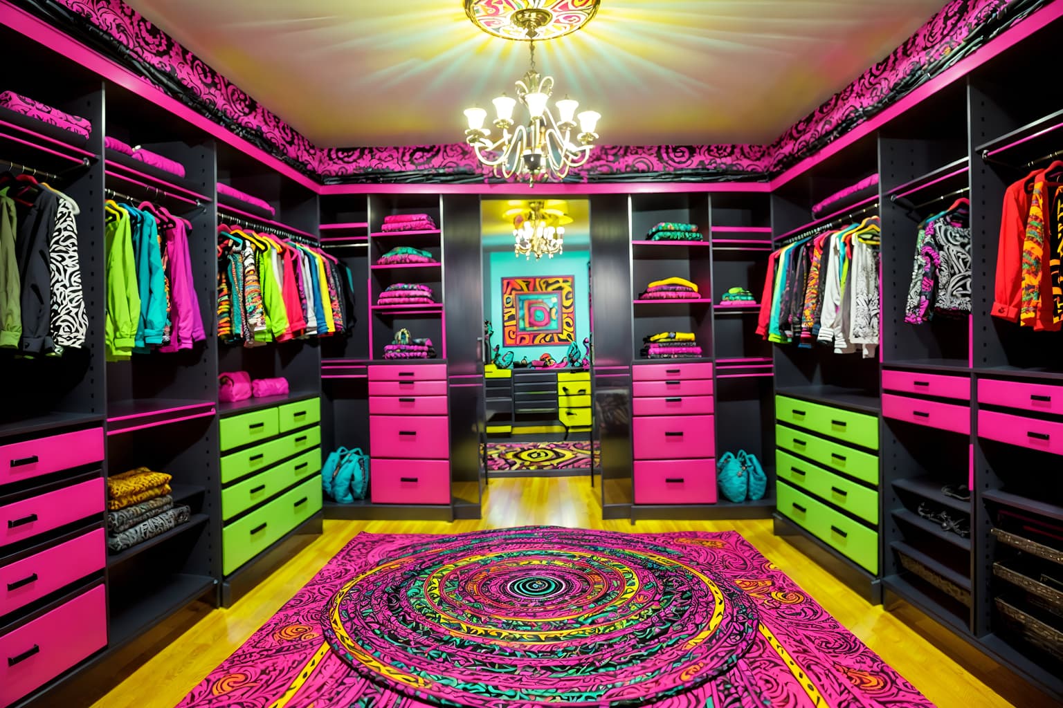 maximalist-style (walk in closet interior) . with bold patterns and bold colors and bold creativity and eye-catching and playful and vibrant and more is more philosophy and bold design. . cinematic photo, highly detailed, cinematic lighting, ultra-detailed, ultrarealistic, photorealism, 8k. maximalist interior design style. masterpiece, cinematic light, ultrarealistic+, photorealistic+, 8k, raw photo, realistic, sharp focus on eyes, (symmetrical eyes), (intact eyes), hyperrealistic, highest quality, best quality, , highly detailed, masterpiece, best quality, extremely detailed 8k wallpaper, masterpiece, best quality, ultra-detailed, best shadow, detailed background, detailed face, detailed eyes, high contrast, best illumination, detailed face, dulux, caustic, dynamic angle, detailed glow. dramatic lighting. highly detailed, insanely detailed hair, symmetrical, intricate details, professionally retouched, 8k high definition. strong bokeh. award winning photo.