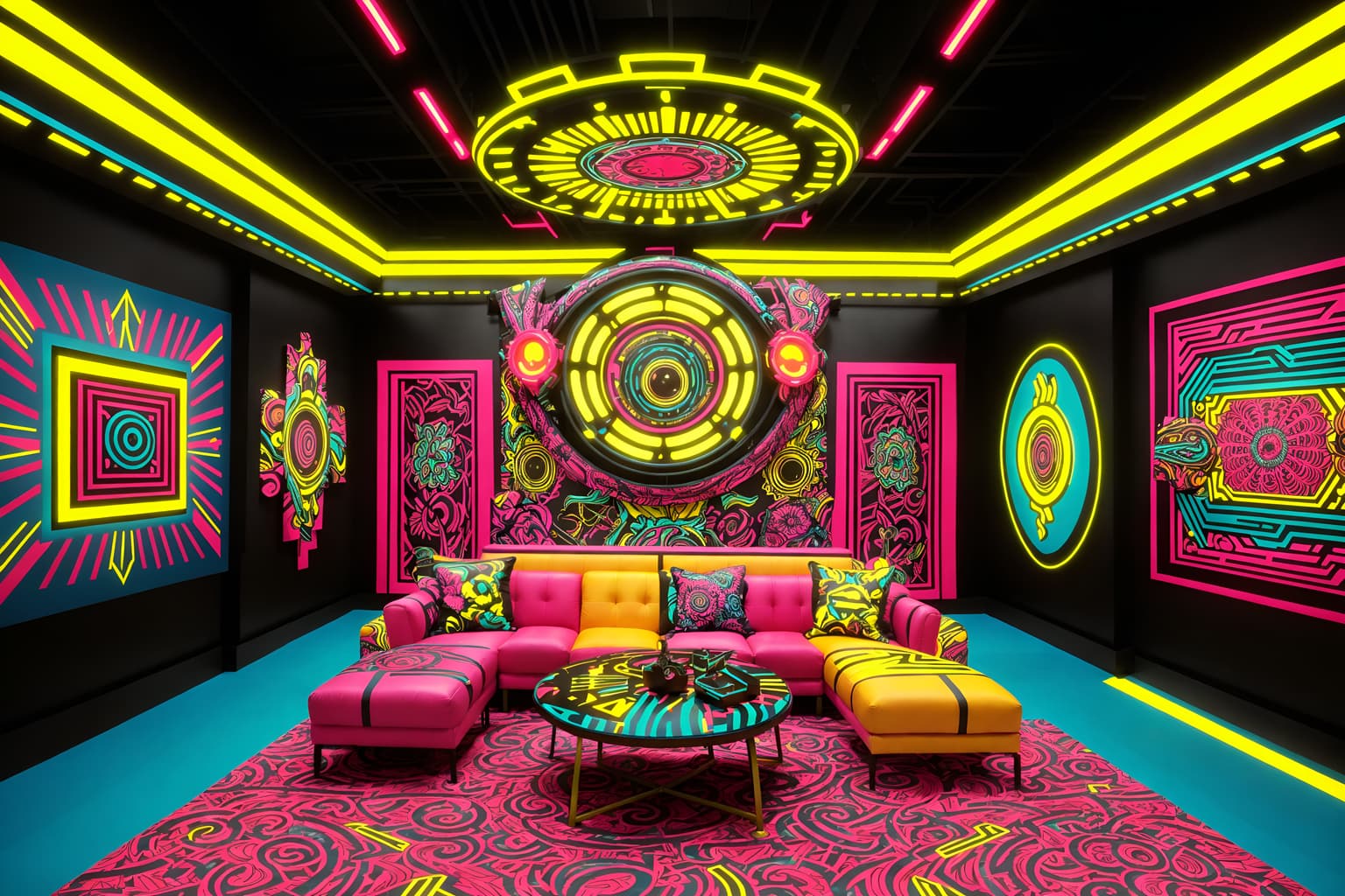 maximalist-style (exhibition space interior) . with bold design and bold colors and over-the-top aesthetic and eye-catching and vibrant and bold patterns and playful and bold creativity. . cinematic photo, highly detailed, cinematic lighting, ultra-detailed, ultrarealistic, photorealism, 8k. maximalist interior design style. masterpiece, cinematic light, ultrarealistic+, photorealistic+, 8k, raw photo, realistic, sharp focus on eyes, (symmetrical eyes), (intact eyes), hyperrealistic, highest quality, best quality, , highly detailed, masterpiece, best quality, extremely detailed 8k wallpaper, masterpiece, best quality, ultra-detailed, best shadow, detailed background, detailed face, detailed eyes, high contrast, best illumination, detailed face, dulux, caustic, dynamic angle, detailed glow. dramatic lighting. highly detailed, insanely detailed hair, symmetrical, intricate details, professionally retouched, 8k high definition. strong bokeh. award winning photo.
