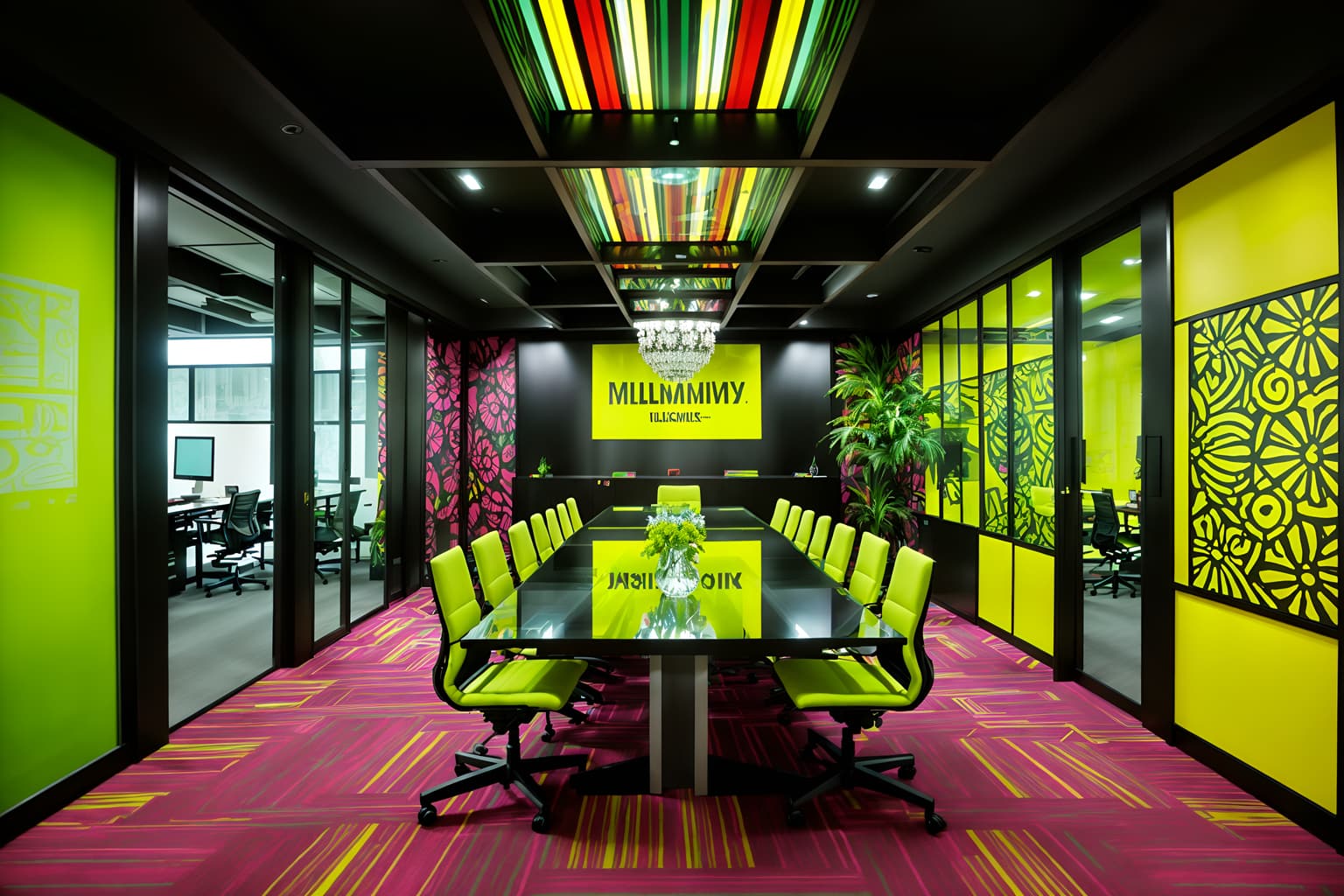 maximalist-style (meeting room interior) with glass walls and vase and cabinets and painting or photo on wall and office chairs and boardroom table and plant and glass doors. . with over-the-top aesthetic and bold patterns and more is more philosophy and vibrant and eye-catching and bold creativity and playful and bold design. . cinematic photo, highly detailed, cinematic lighting, ultra-detailed, ultrarealistic, photorealism, 8k. maximalist interior design style. masterpiece, cinematic light, ultrarealistic+, photorealistic+, 8k, raw photo, realistic, sharp focus on eyes, (symmetrical eyes), (intact eyes), hyperrealistic, highest quality, best quality, , highly detailed, masterpiece, best quality, extremely detailed 8k wallpaper, masterpiece, best quality, ultra-detailed, best shadow, detailed background, detailed face, detailed eyes, high contrast, best illumination, detailed face, dulux, caustic, dynamic angle, detailed glow. dramatic lighting. highly detailed, insanely detailed hair, symmetrical, intricate details, professionally retouched, 8k high definition. strong bokeh. award winning photo.