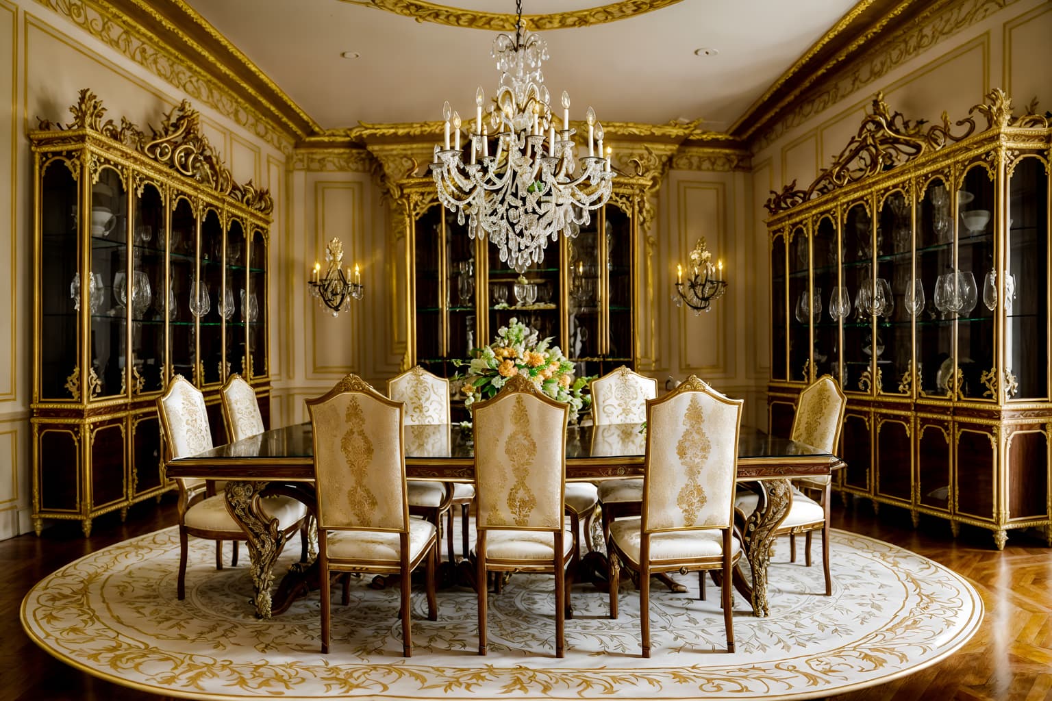 baroque-style (dining room interior) with vase and dining table and plates, cutlery and glasses on dining table and light or chandelier and table cloth and plant and bookshelves and dining table chairs. . with emotional exuberance and drama and heavy moldings and pedestal feet and elaborate ornamentation and luxurious floral and damask fabrics and crystal and glass accents and intricate carvings and ornaments. . cinematic photo, highly detailed, cinematic lighting, ultra-detailed, ultrarealistic, photorealism, 8k. baroque interior design style. masterpiece, cinematic light, ultrarealistic+, photorealistic+, 8k, raw photo, realistic, sharp focus on eyes, (symmetrical eyes), (intact eyes), hyperrealistic, highest quality, best quality, , highly detailed, masterpiece, best quality, extremely detailed 8k wallpaper, masterpiece, best quality, ultra-detailed, best shadow, detailed background, detailed face, detailed eyes, high contrast, best illumination, detailed face, dulux, caustic, dynamic angle, detailed glow. dramatic lighting. highly detailed, insanely detailed hair, symmetrical, intricate details, professionally retouched, 8k high definition. strong bokeh. award winning photo.