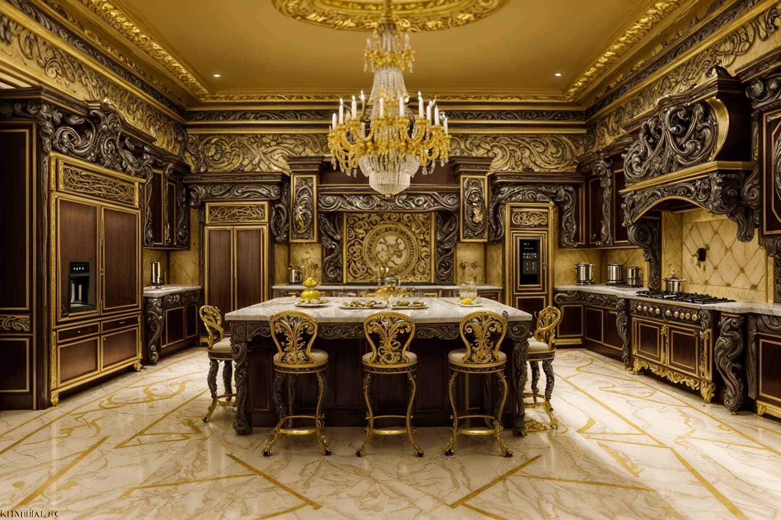 baroque-style (kitchen interior) with refrigerator and stove and kitchen cabinets and sink and plant and worktops and refrigerator. . with opulent and colossal furniture and twisted columns and dynamism and movement and sensuous richness and intricate carvings and ornaments and tension and pedestal feet. . cinematic photo, highly detailed, cinematic lighting, ultra-detailed, ultrarealistic, photorealism, 8k. baroque interior design style. masterpiece, cinematic light, ultrarealistic+, photorealistic+, 8k, raw photo, realistic, sharp focus on eyes, (symmetrical eyes), (intact eyes), hyperrealistic, highest quality, best quality, , highly detailed, masterpiece, best quality, extremely detailed 8k wallpaper, masterpiece, best quality, ultra-detailed, best shadow, detailed background, detailed face, detailed eyes, high contrast, best illumination, detailed face, dulux, caustic, dynamic angle, detailed glow. dramatic lighting. highly detailed, insanely detailed hair, symmetrical, intricate details, professionally retouched, 8k high definition. strong bokeh. award winning photo.